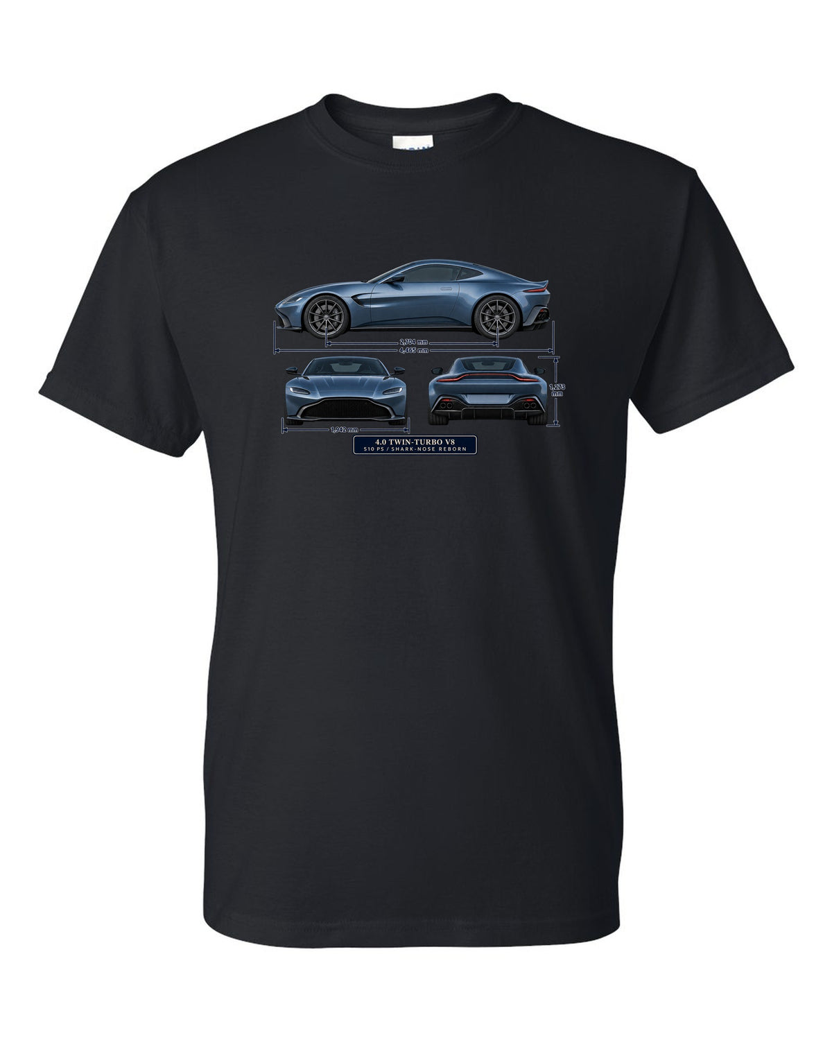 Aston Martin Vantage 2018 three-view print with 4.0 twin-turbo V8 510 PS spec table black t-shirt front view with the design