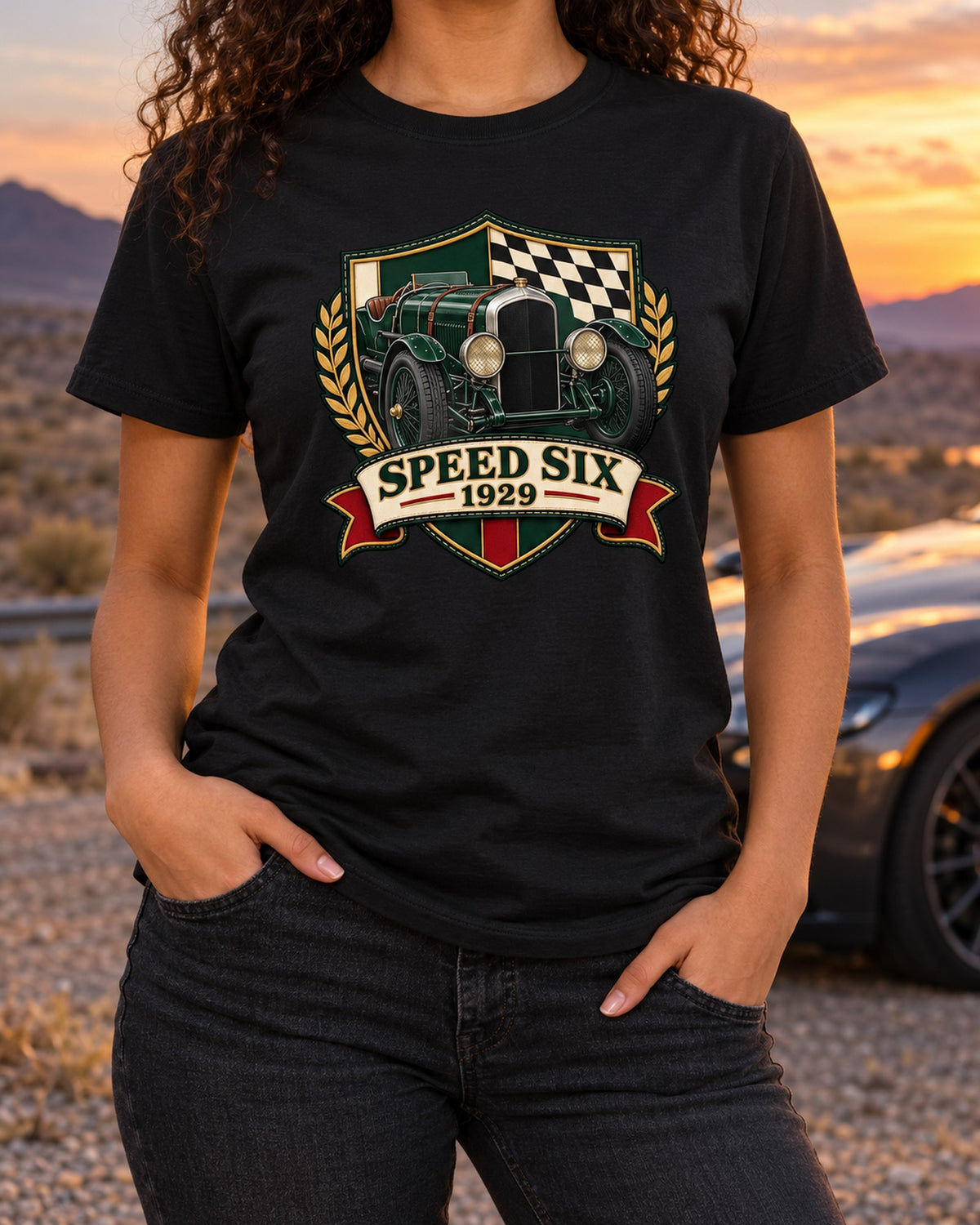 Bentley Speed Six 1929 Varsity Crest print Tee T-Shirt Black worn hero