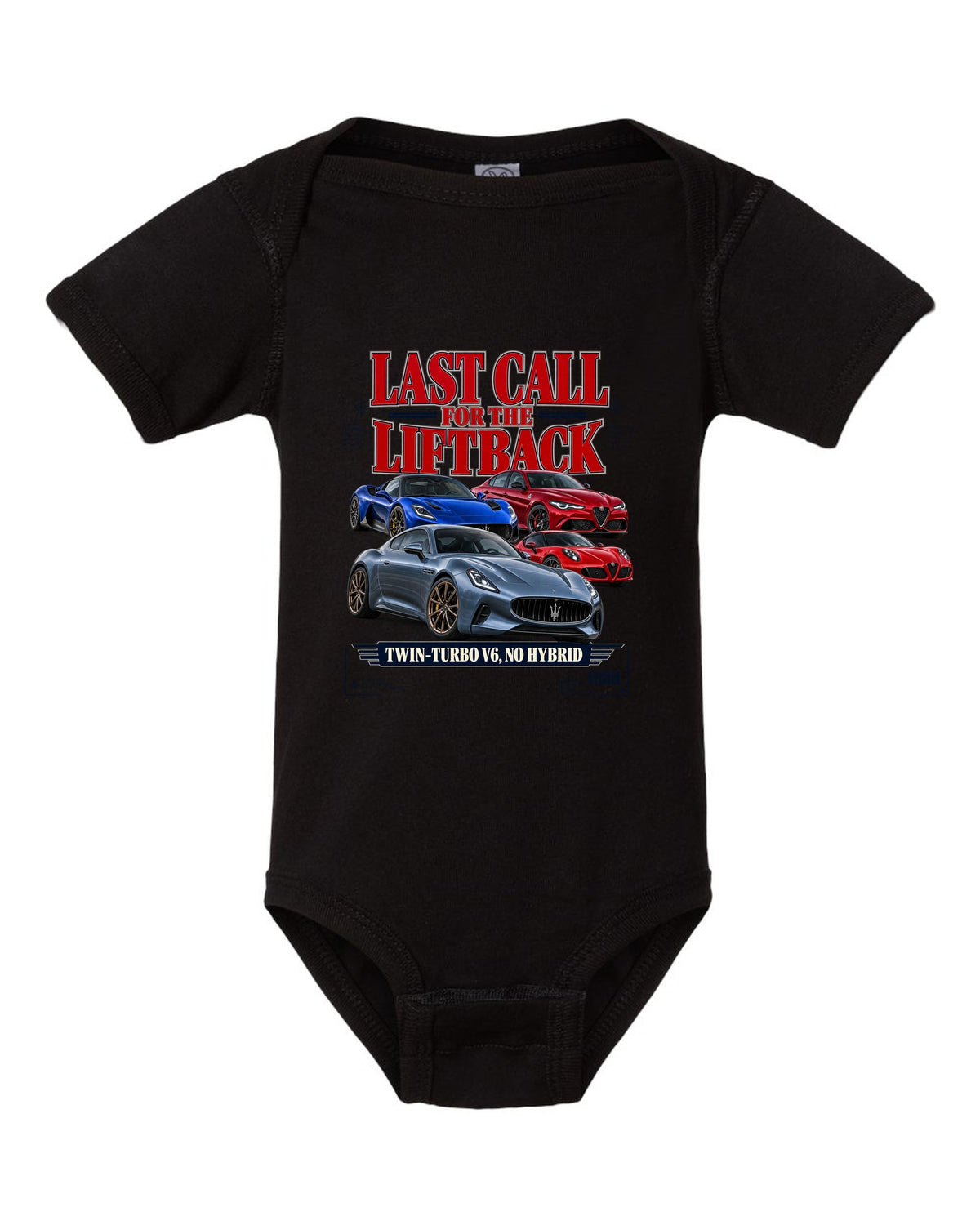 Kia Stinger GT final year editorial headline print black baby onesie front view with the design