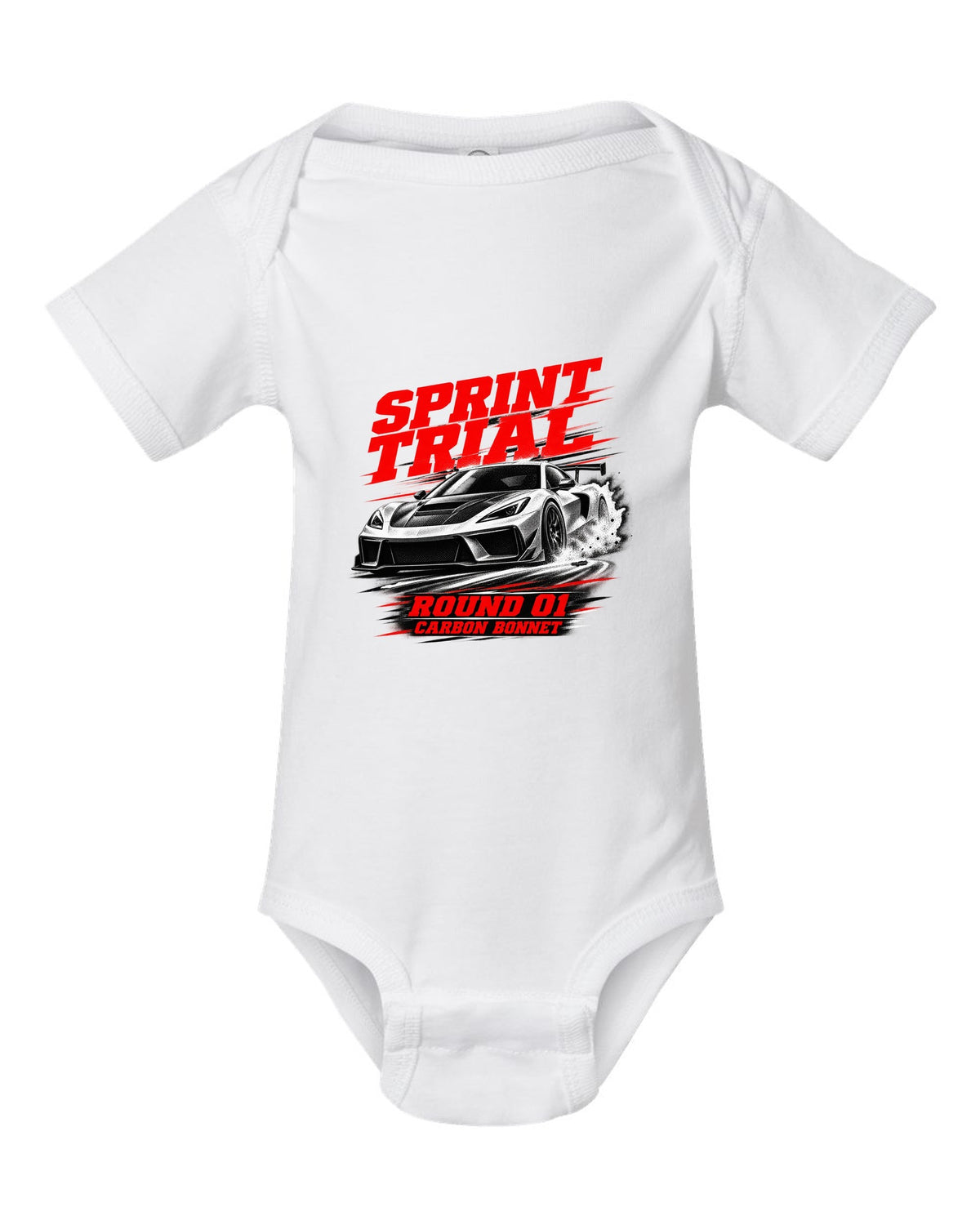Honda NSX-R NA1 race poster design with sprint trial round 01 carbon bonnet text white baby onesie front view with the design