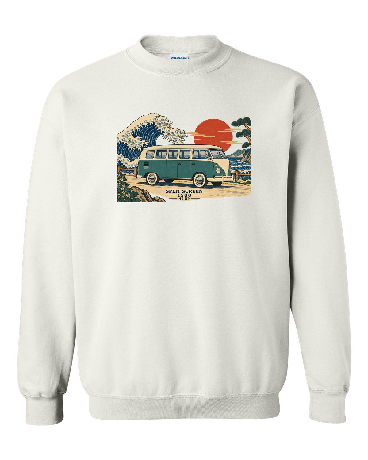 Ukiyo-e woodblock of a 1963 split-window VW Bus T1 with a wave and 42 HP lettering white crewneck front view with the design