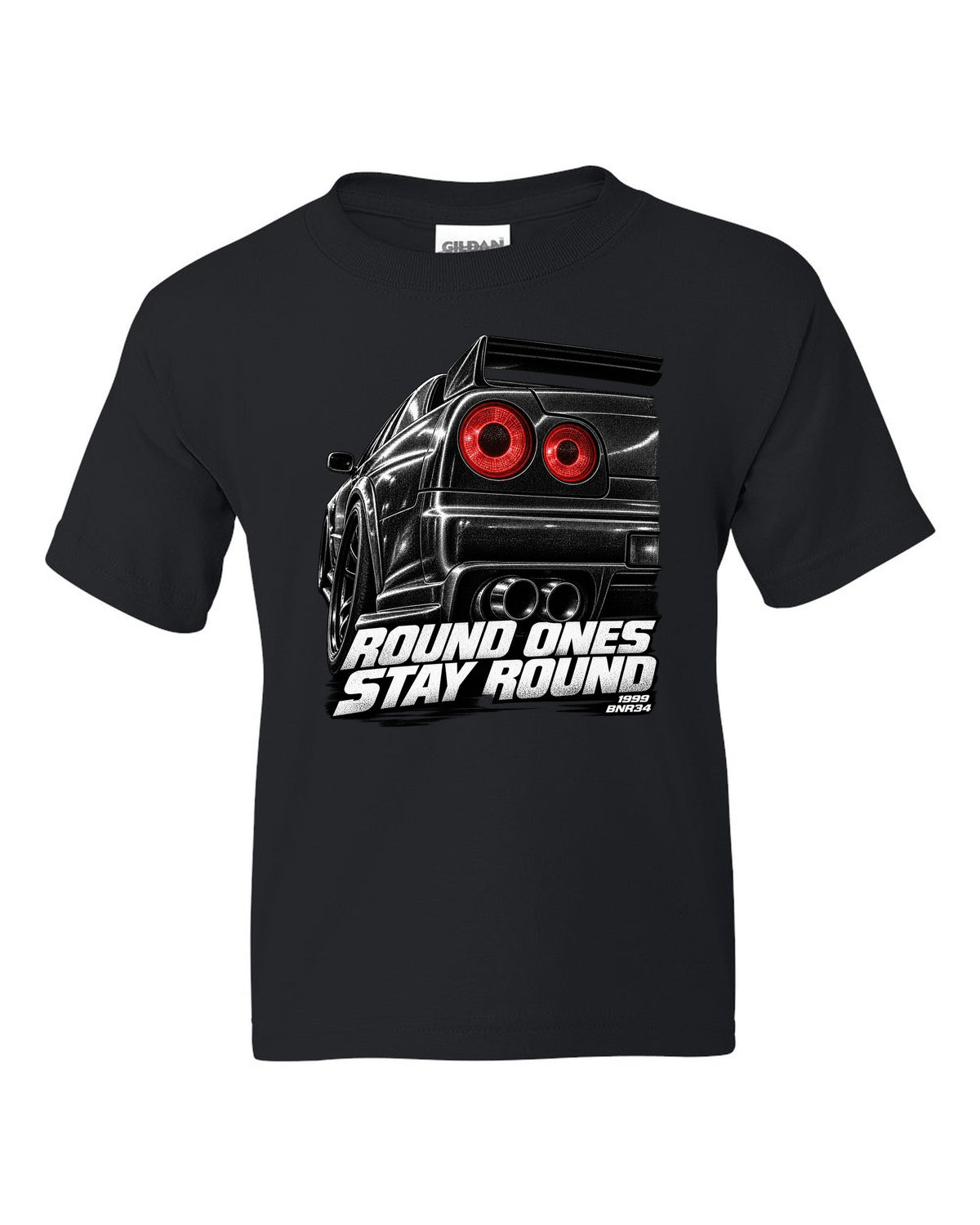 Macro print of the round taillights on a Nissan Skyline GT-R R34 BNR34 black kids tee front view with the design