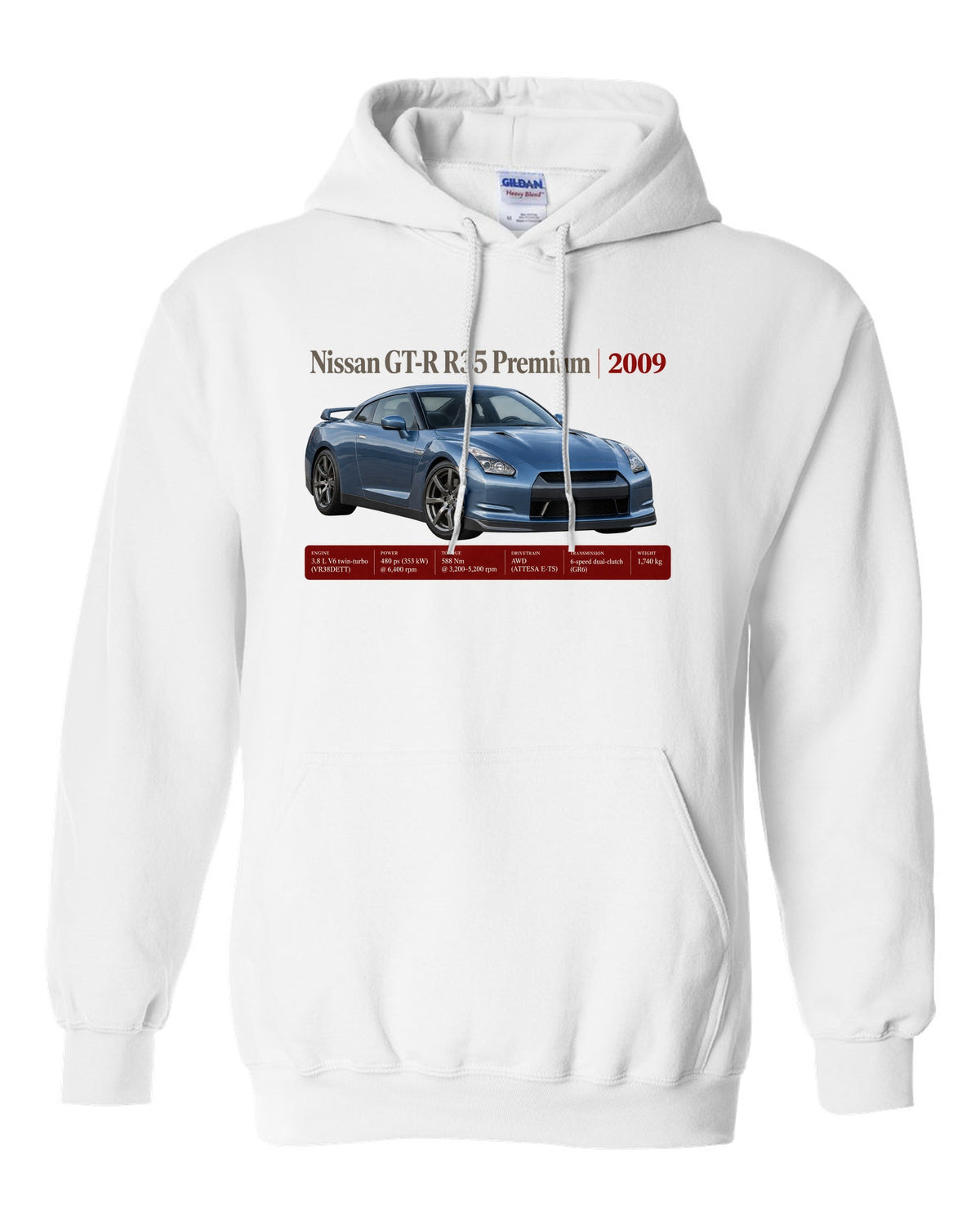 Nissan GT-R R35 2009 Premium archive panel poster white pull over hoodie front view with the design