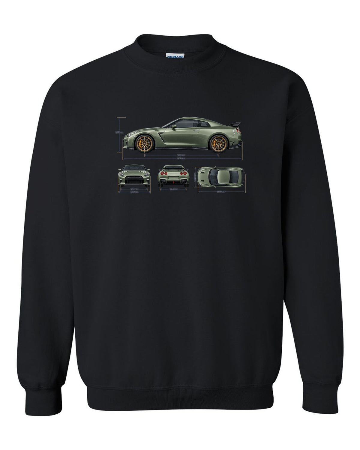 Nissan GT-R R35 rear three-quarter in red halftone showing four round taillights black crewneck front view with the design