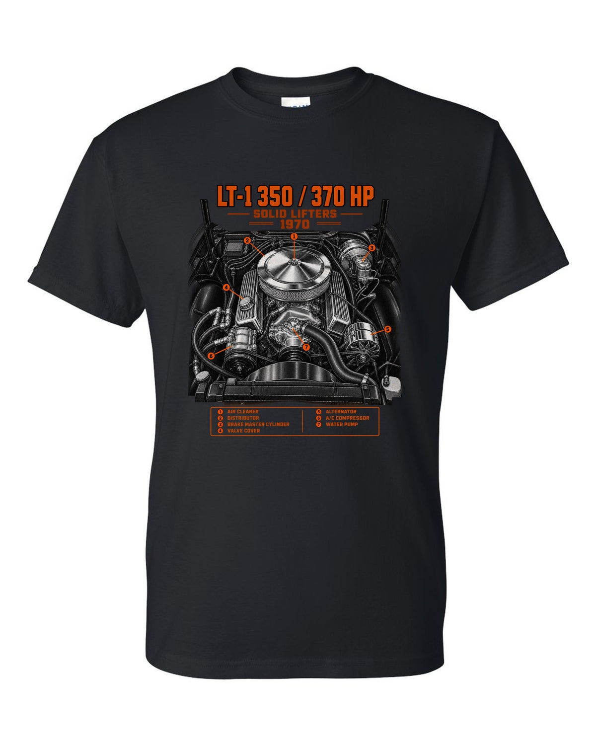 Chevrolet Corvette C3 Stingray 1970 LT-1 350 engine print black t-shirt front view with the design