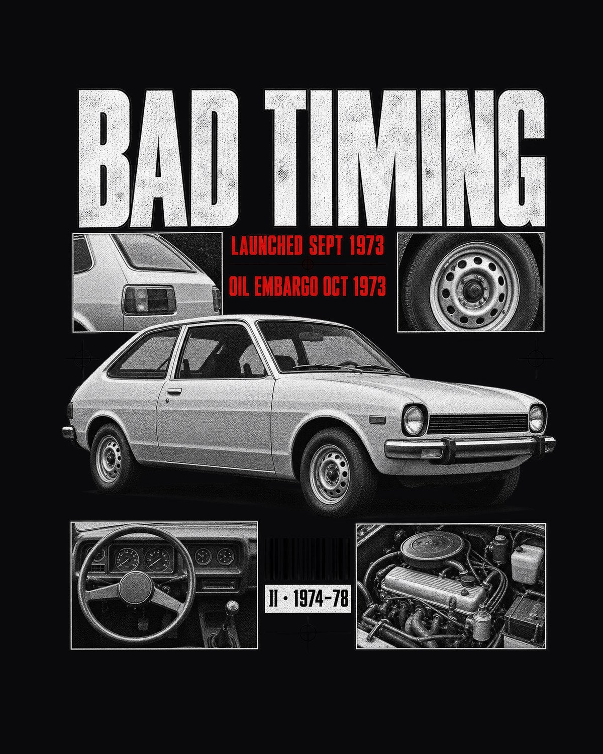 1974 Ford Mustang II Bad Timing Dossier Shirt, Oil Embargo design only