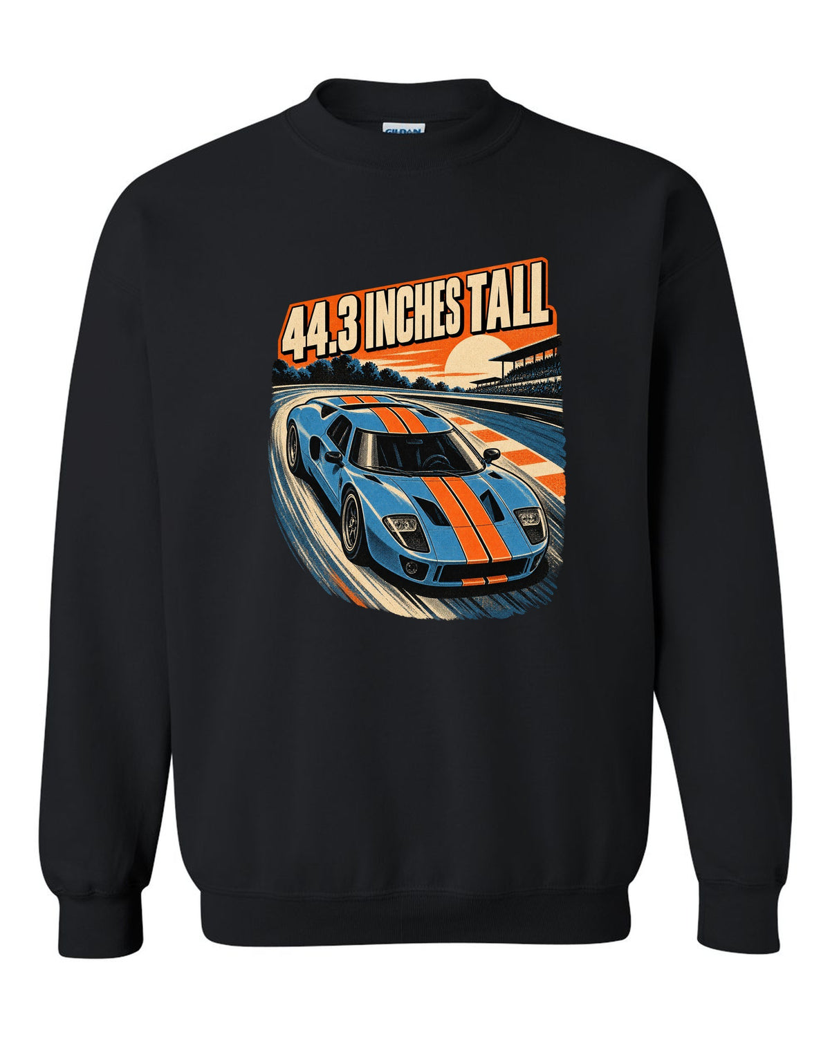 Ford GT 2005 overhead in a retro 1960s Le Mans poster print black crewneck front view with the design