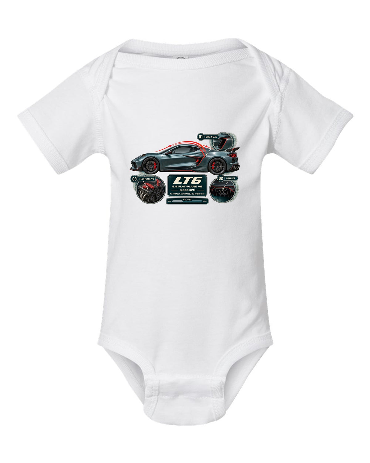 print aero cutaway callouts of a Chevrolet Corvette C8 Z06 in teal-grey white baby onesie front view with the design