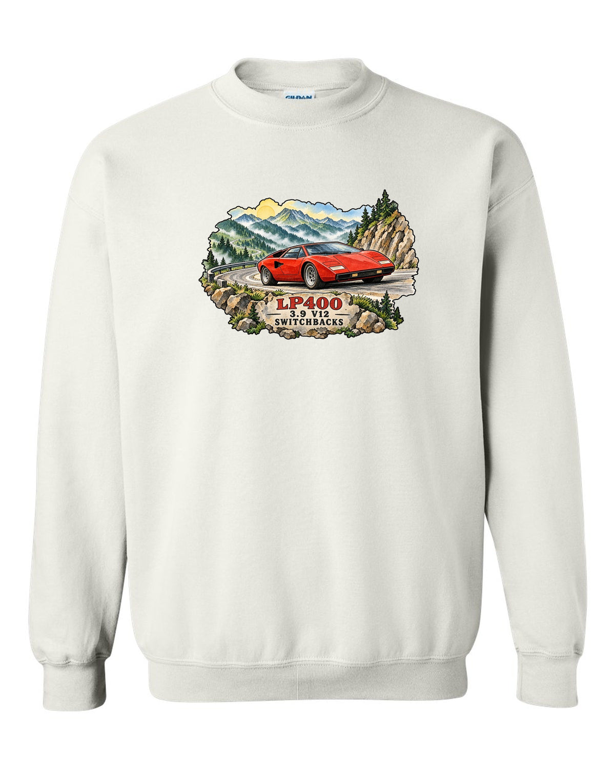 Watercolour ink wash design of a Lamborghini Countach LP400 on mountain switchbacks white crewneck front view with the design