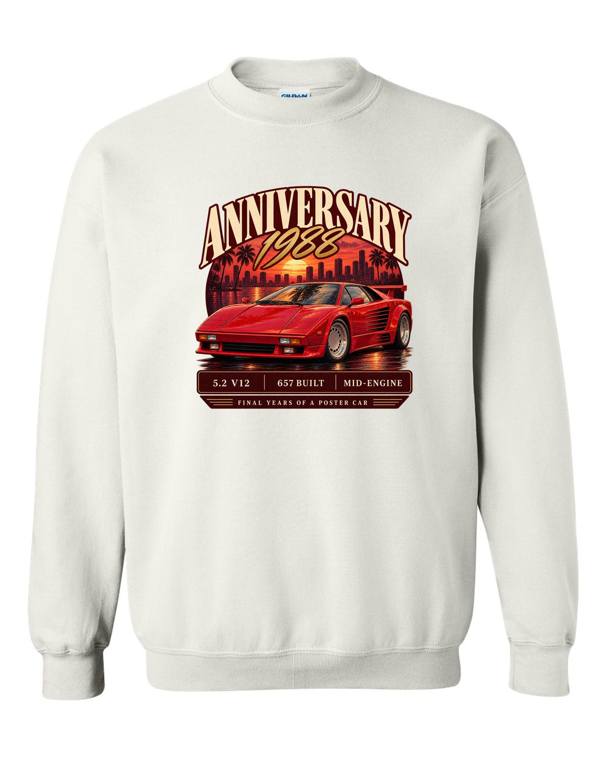 Archive panel print of a Lamborghini Countach 25th Anniversary with 657 built text white crewneck front view with the design