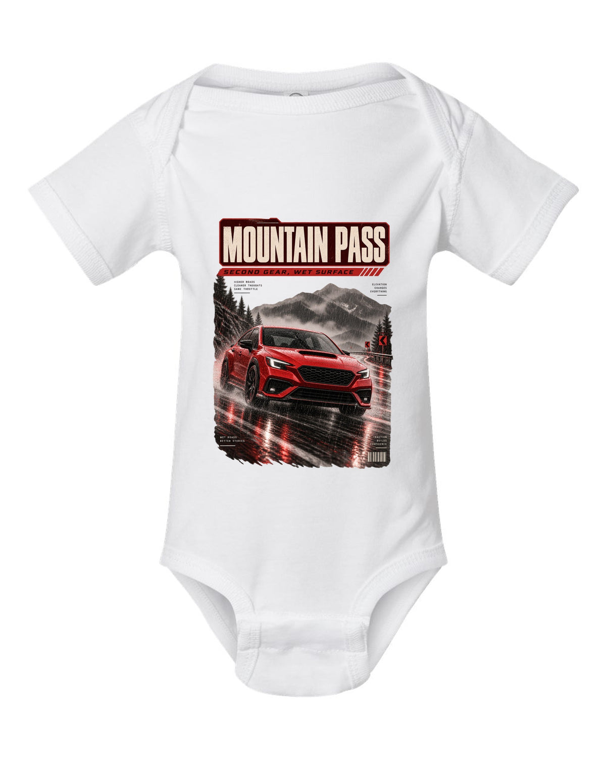 Red-orange monochrome Subaru WRX VB sedan on a wet mountain pass at night, poster-style print white baby onesie front view with the design