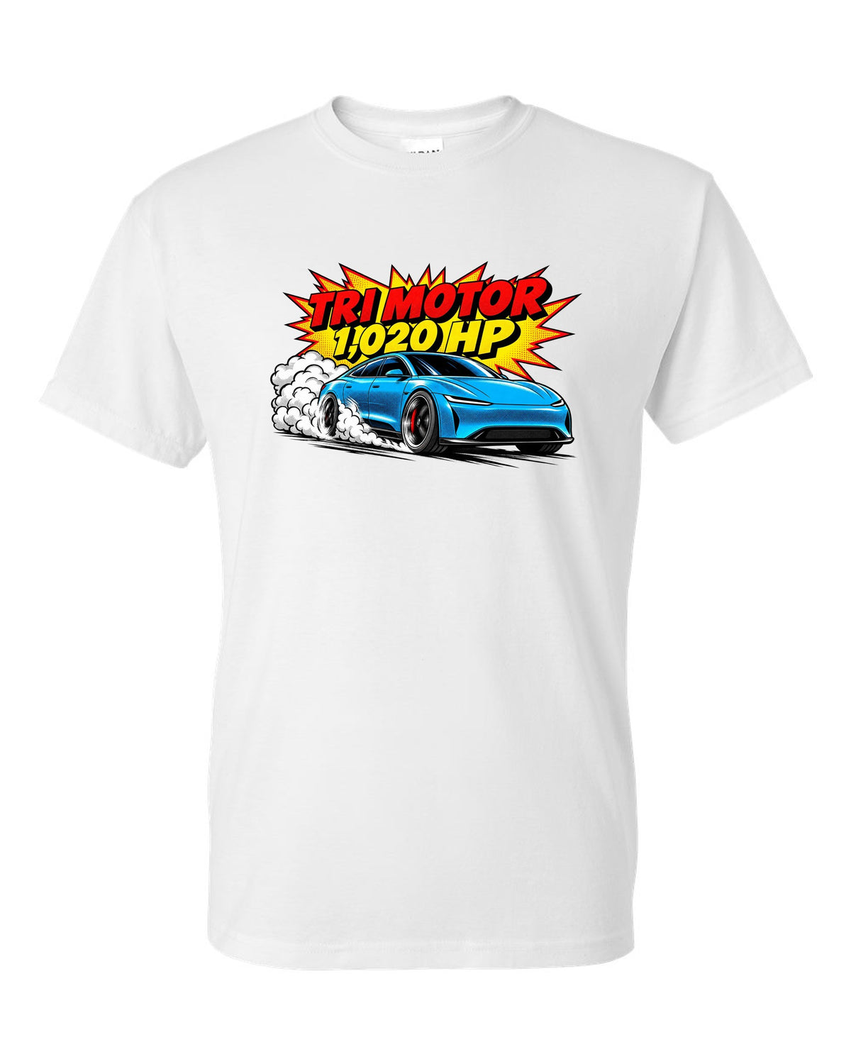 Comic halftone pop-art of a 2021 Tesla Model S Plaid with the words Tri Motor 1,020 HP white t-shirt front view with the design