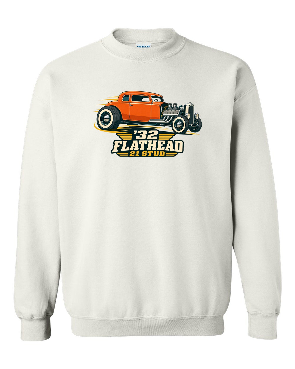 print of a two-tone flat vector 1932 Ford Deuce three-window coupe with flathead lettering white crewneck front view with the design