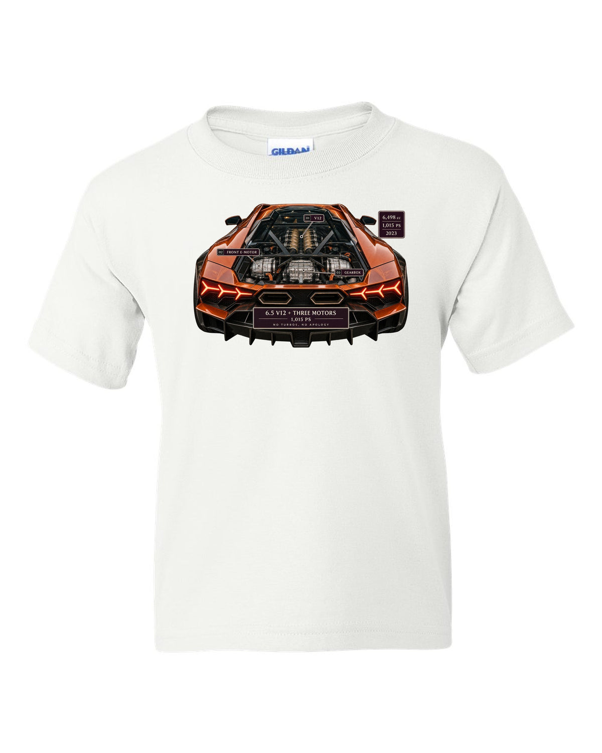 Engine hero print of a burnt orange Lamborghini Revuelto V12 white kids tee front view with the design