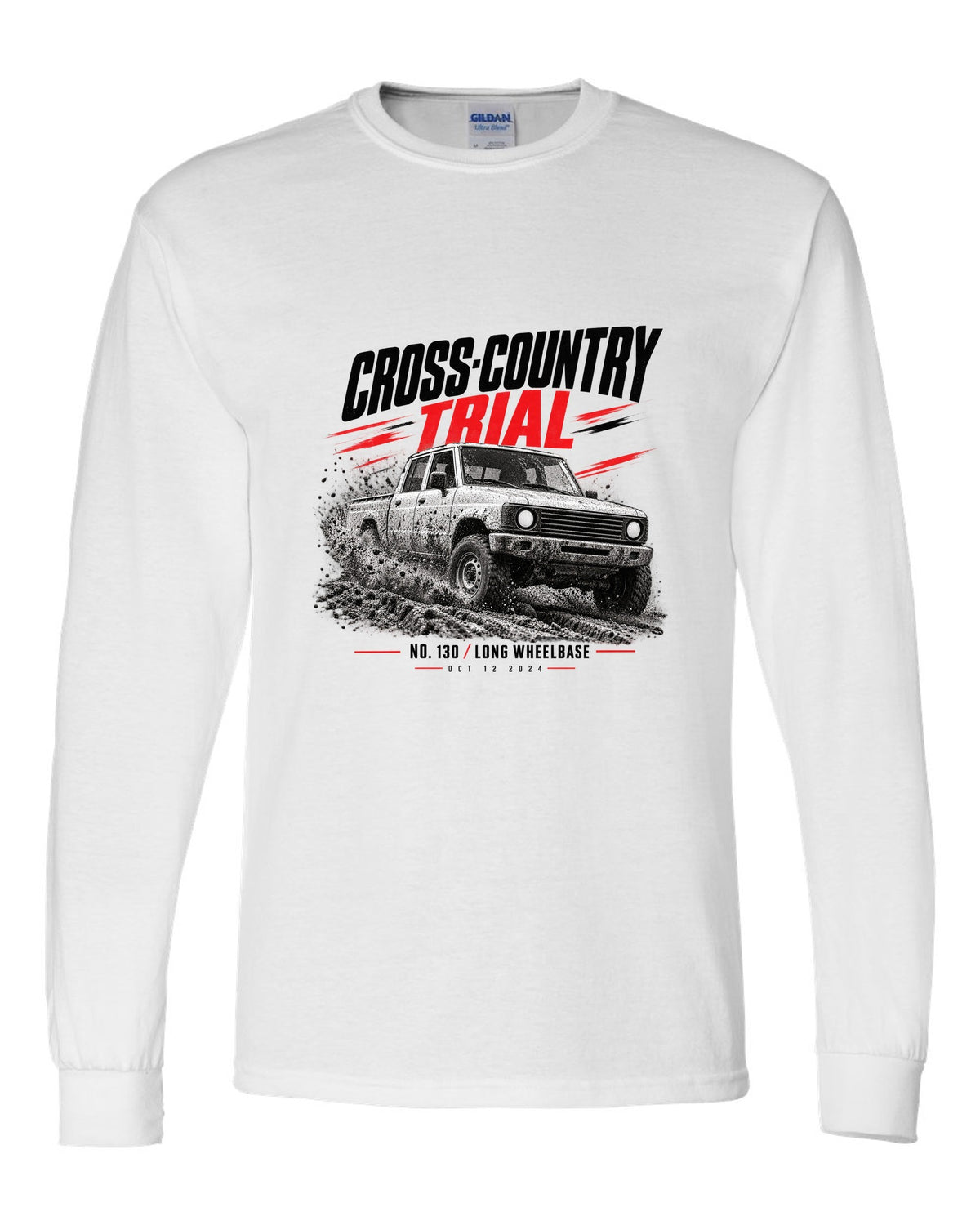 Land Rover Defender 130 cross-country trial race poster print white long sleeve front view with the design
