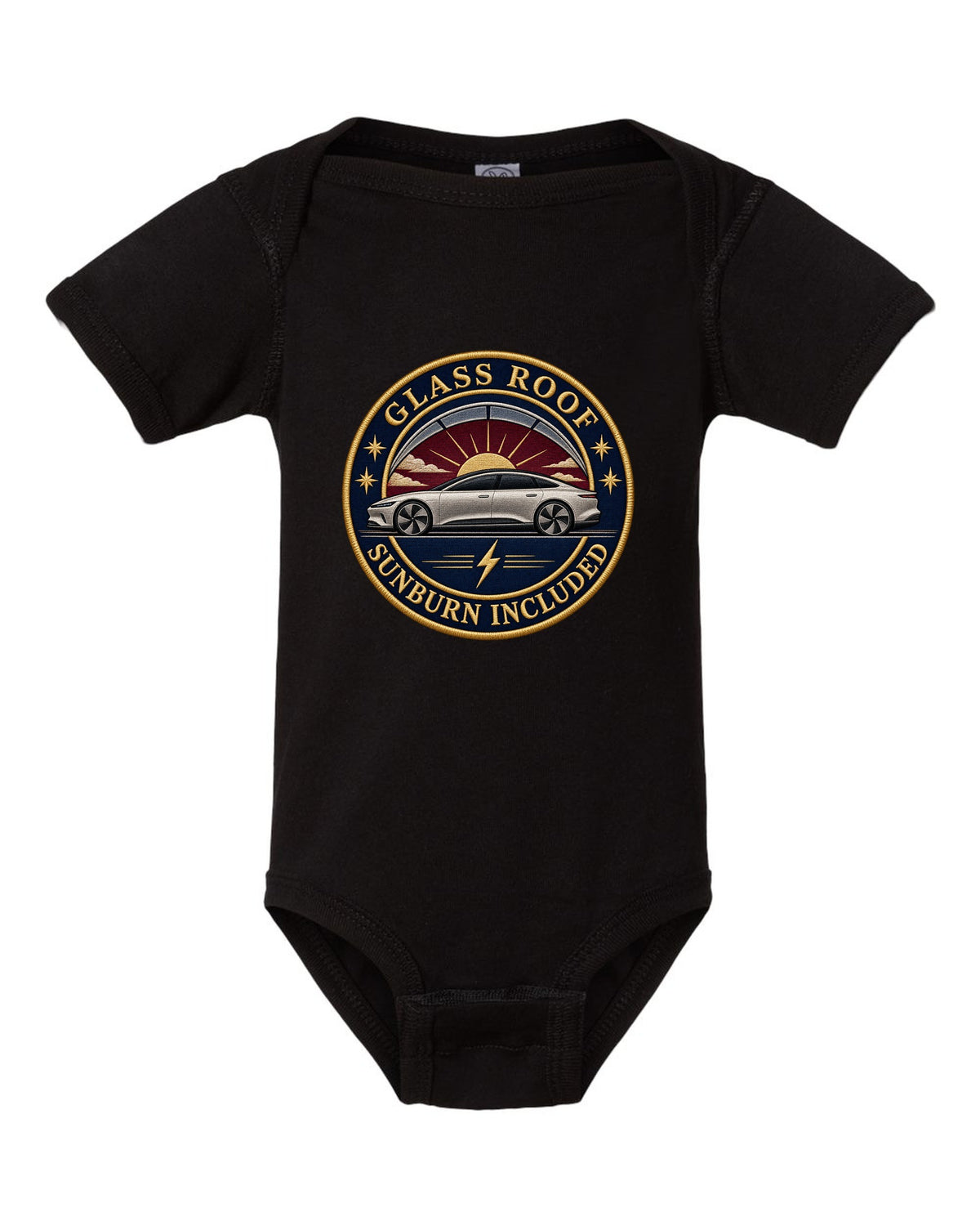 Lucid Air Sapphire round embroidery-style crest print with the text glass roof sunburn included black baby onesie front view with the design