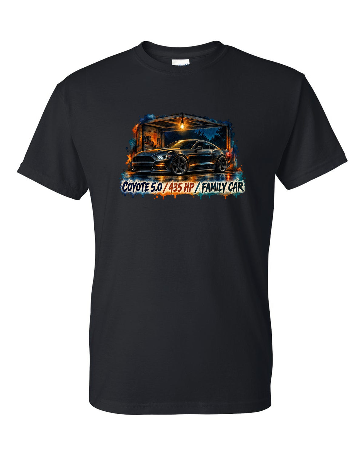 Watercolour night print of a Ford Mustang S550 GT with Coyote 5.0 435 HP family car text black t-shirt front view with the design