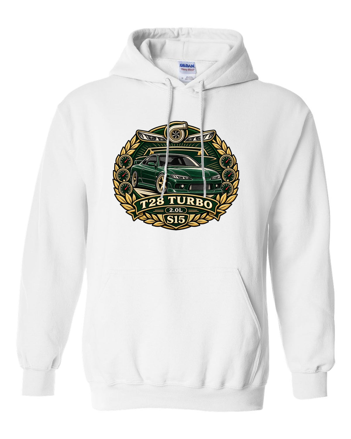 Round crest print for the Nissan Silvia S15 with turbo 2.0L engine lettering white pull over hoodie front view with the design