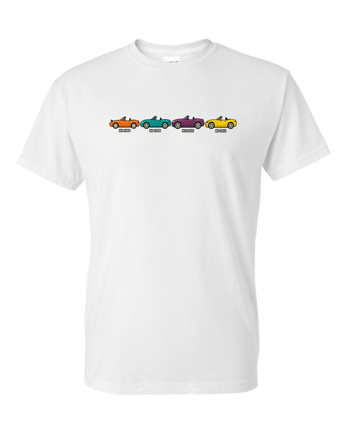 Ukiyo-e woodblock print of a Mazda MX-5 NA roadster taking a hairpin corner white t-shirt front view with the design