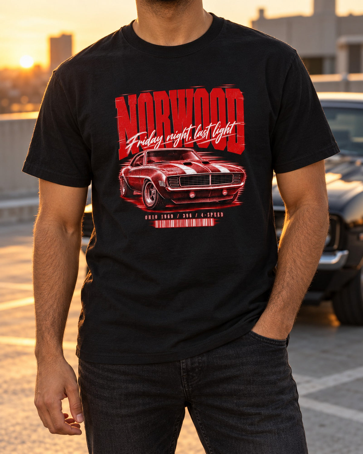 Norwood 1969 Camaro Ohio Street Poster Shirt, 396 4-Speed T-Shirt Black worn hero