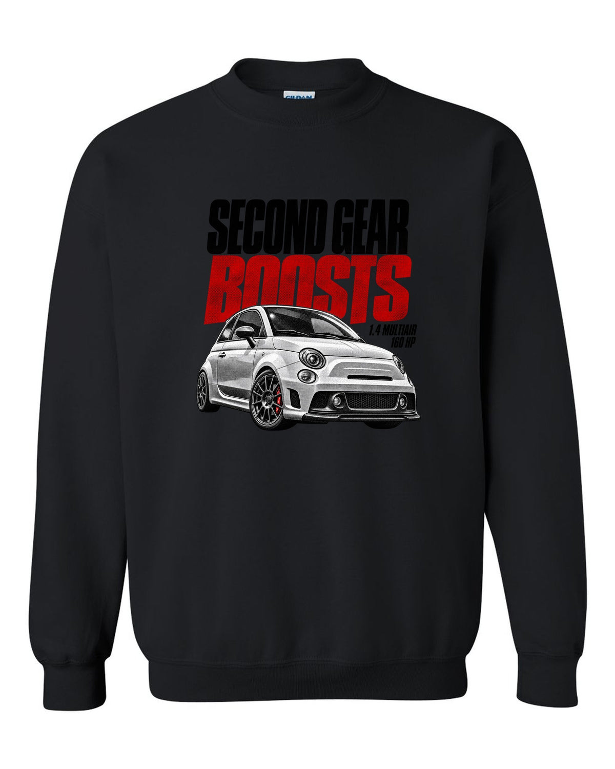 Halftone print of a Fiat 500 Abarth with 1.4 MultiAir and 160 HP text black crewneck front view with the design