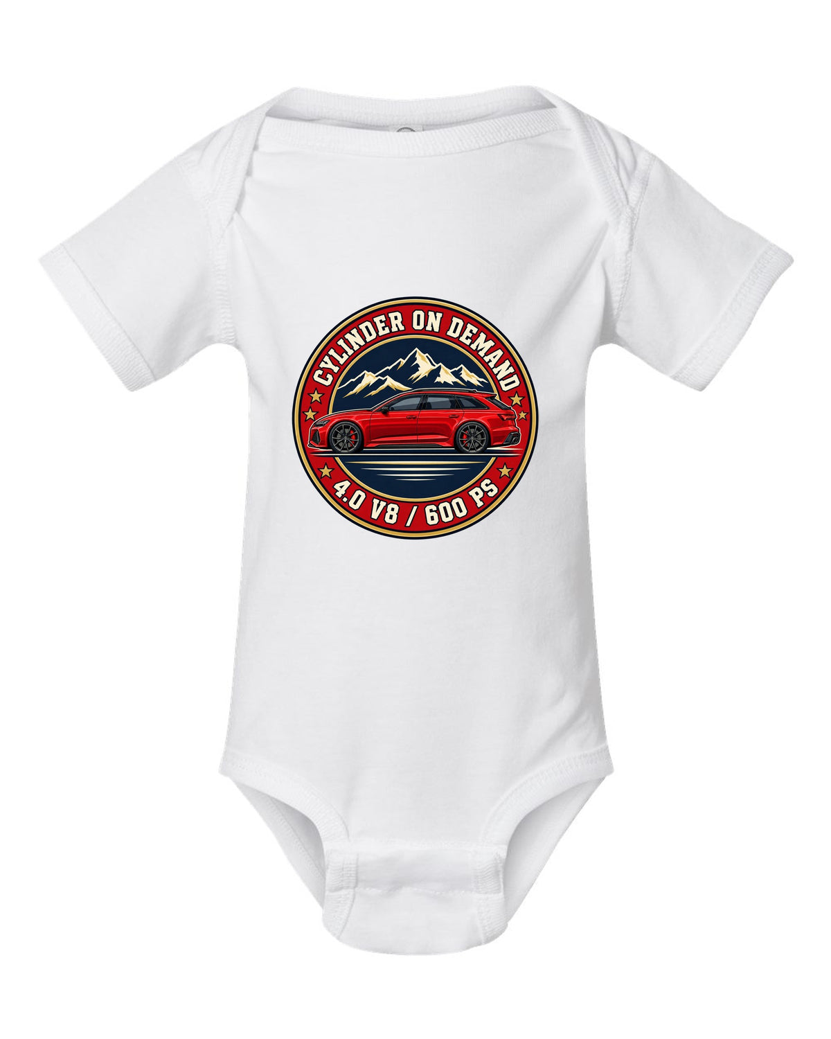 Varsity-style crest design for the Audi RS6 Avant C8 with 4.0 V8 and 600 PS lettering white baby onesie front view with the design