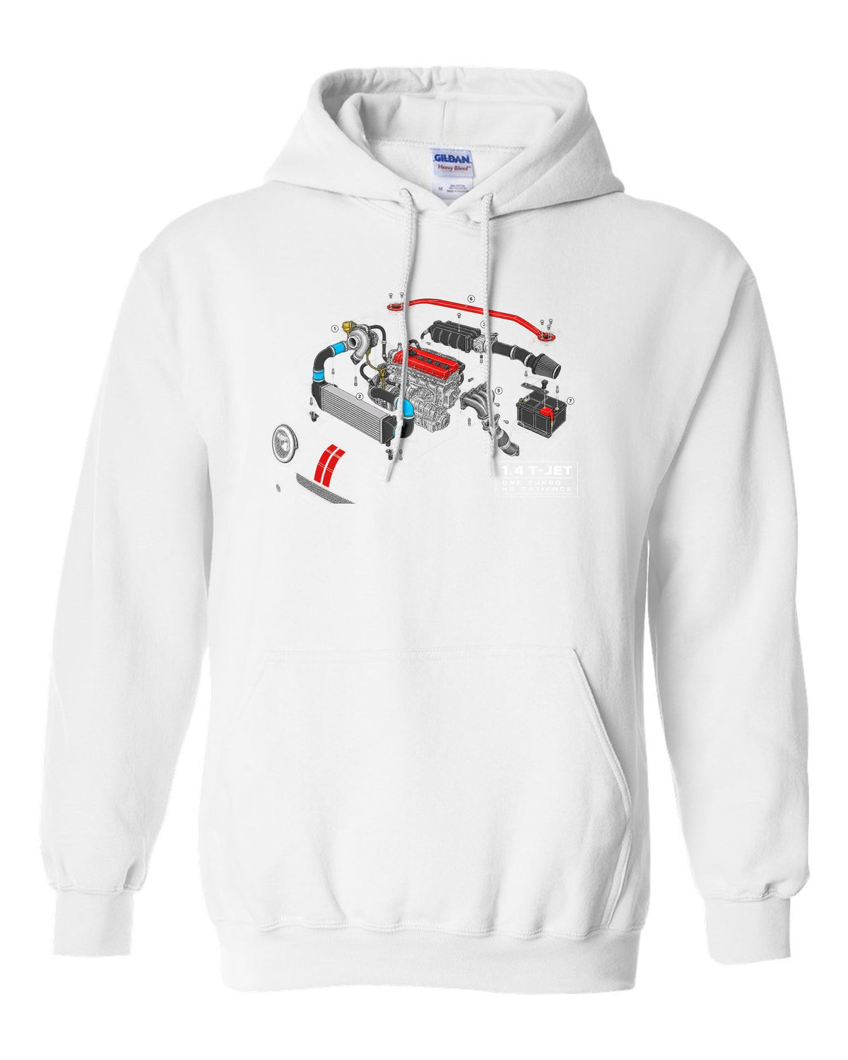 Exploded cutaway engine blueprint of the Abarth 695 1.4 T-Jet white pull over hoodie front view with the design