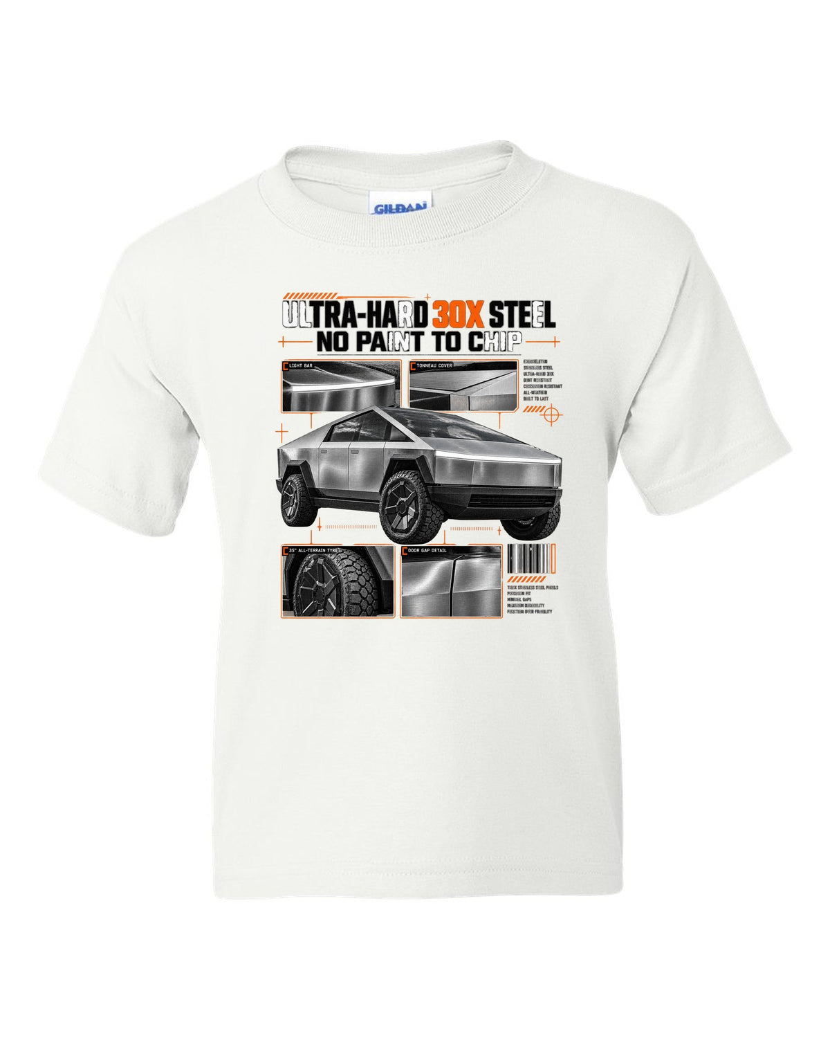 Tesla Cybertruck 2023 dossier panel graphic with ultra-hard 30X steel and no paint to chip white kids tee front view with the design