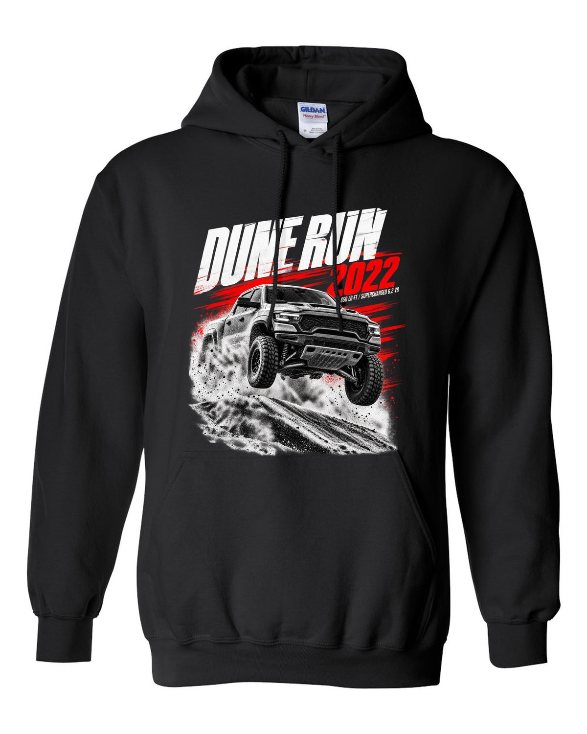Race poster of a 2022 Ram 1500 TRX jumping a dune with the text Dune Run 2022, 650 lb-ft black pull over hoodie front view with the design