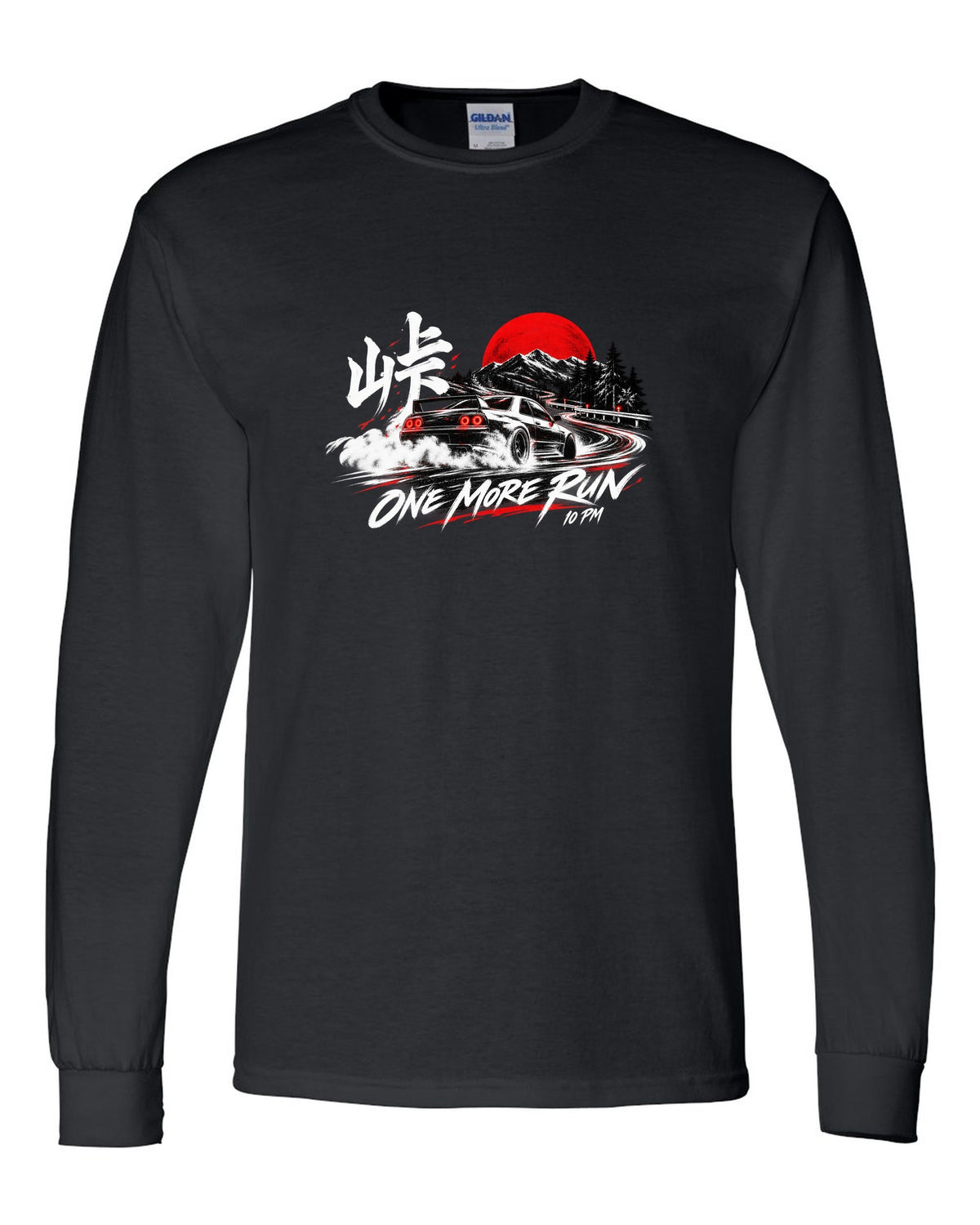 Night cornering print of a Mazda RX-7 FD3S with one more run lettering black long sleeve front view with the design