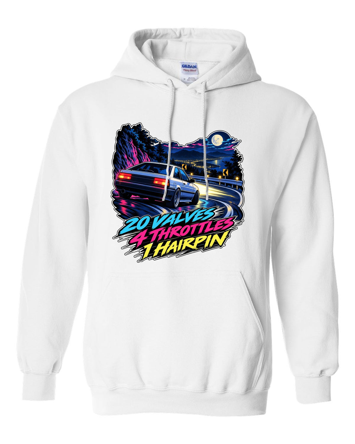 Cel-shaded 90s anime night touge scene of a Toyota Corolla AE101 with valves and throttles lettering white pull over hoodie front view with the design