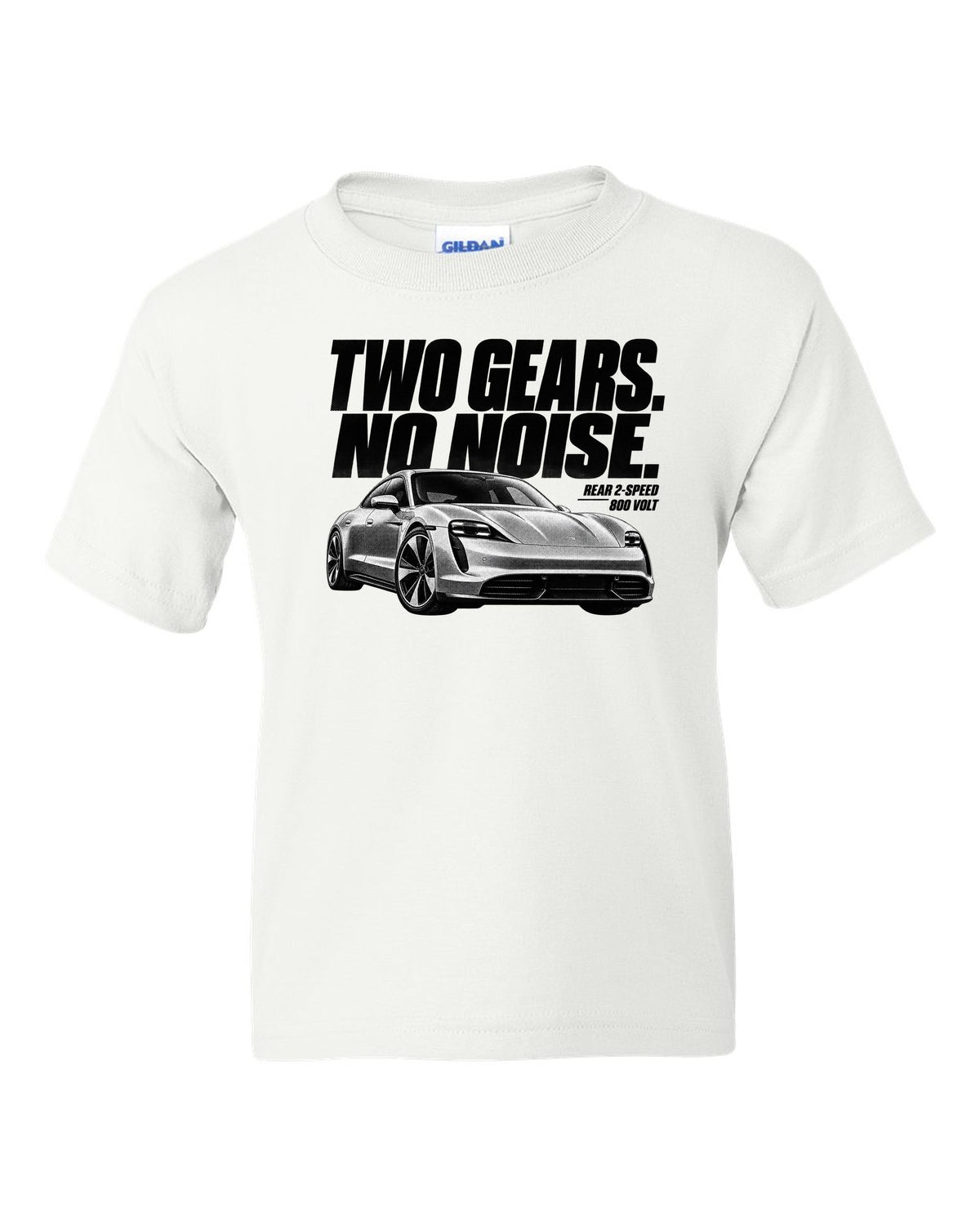 Halftone Porsche Taycan Turbo S 9J1 front three-quarter with two gears, no noise, rear 2-speed white kids tee front view with the design