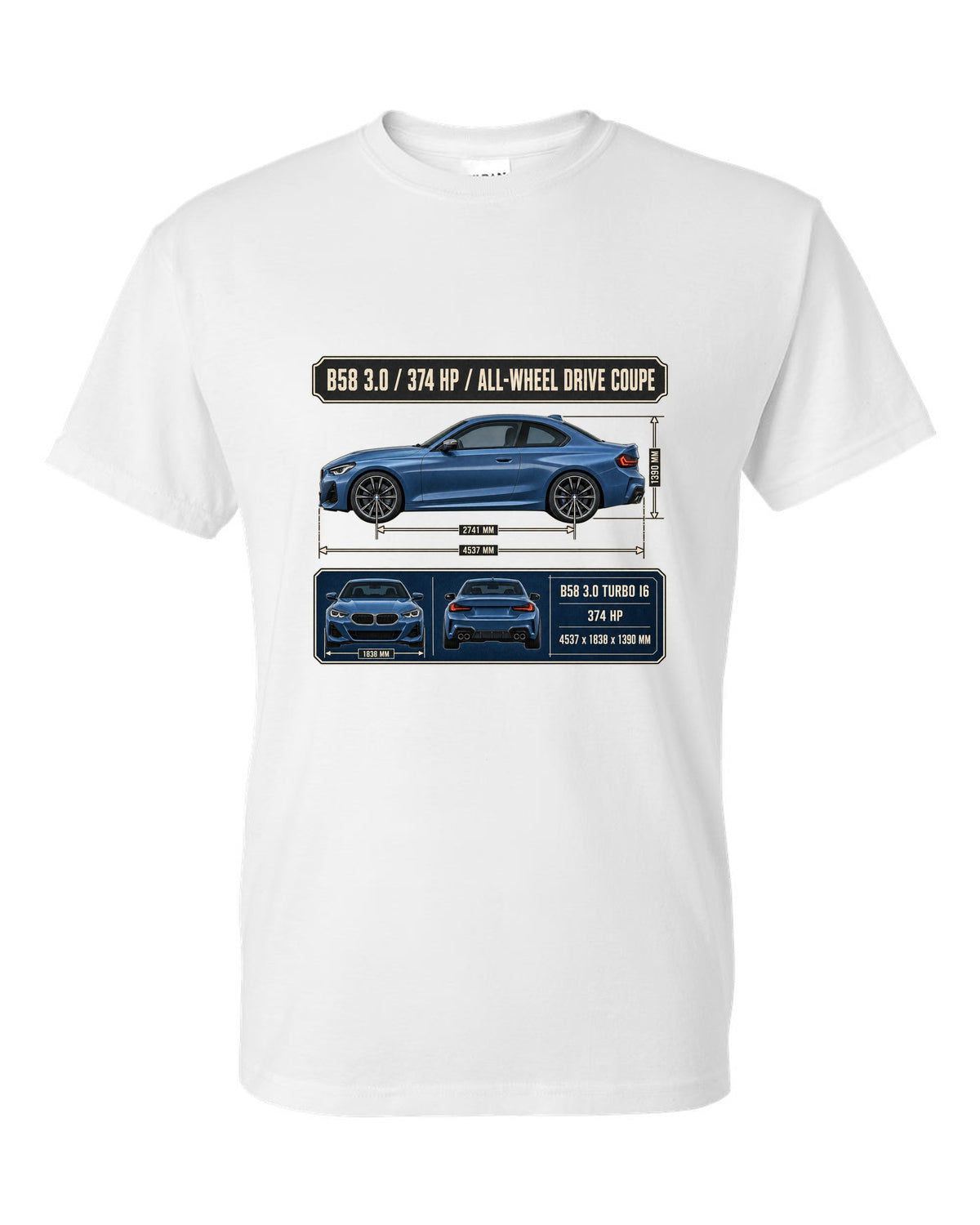 BMW M240i xDrive G42 coupe dimension blueprint print white t-shirt front view with the design