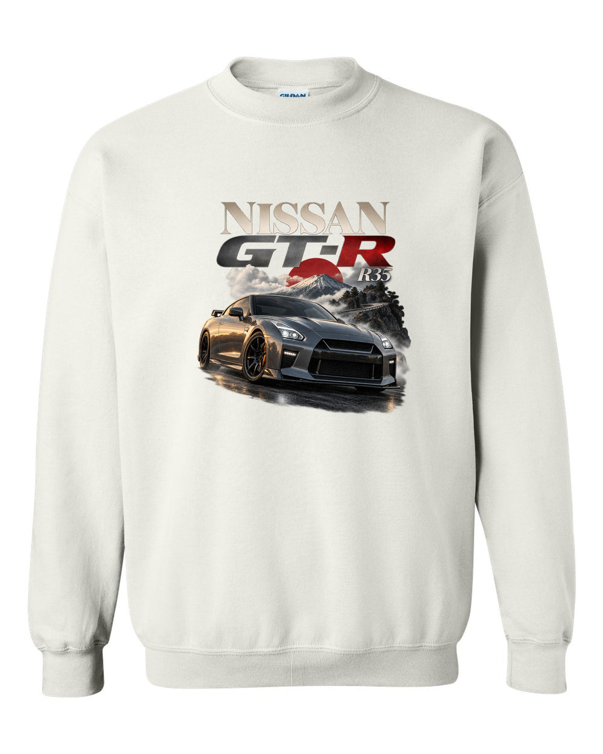 Nissan GT-R R35 2017 facelift in blue on a spec poster layout white crewneck front view with the design