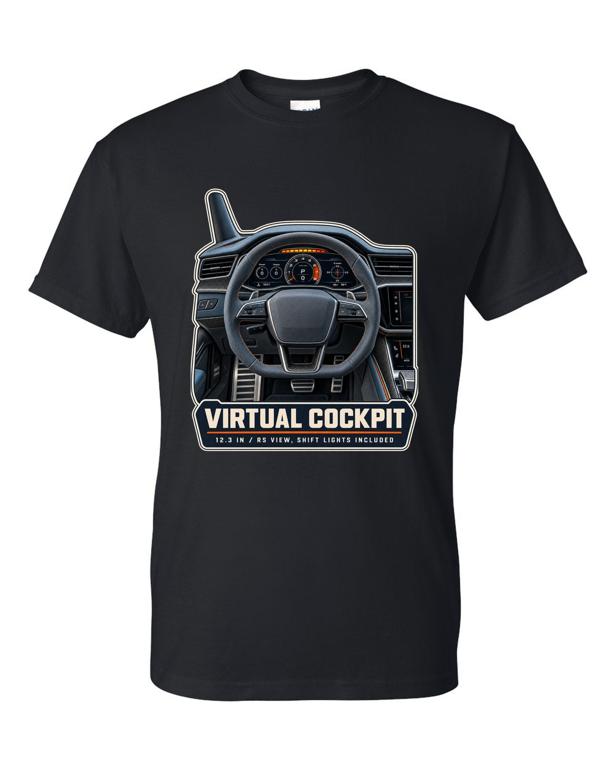 Audi RS7 Sportback C8 virtual cockpit gauge cluster print design black t-shirt front view with the design
