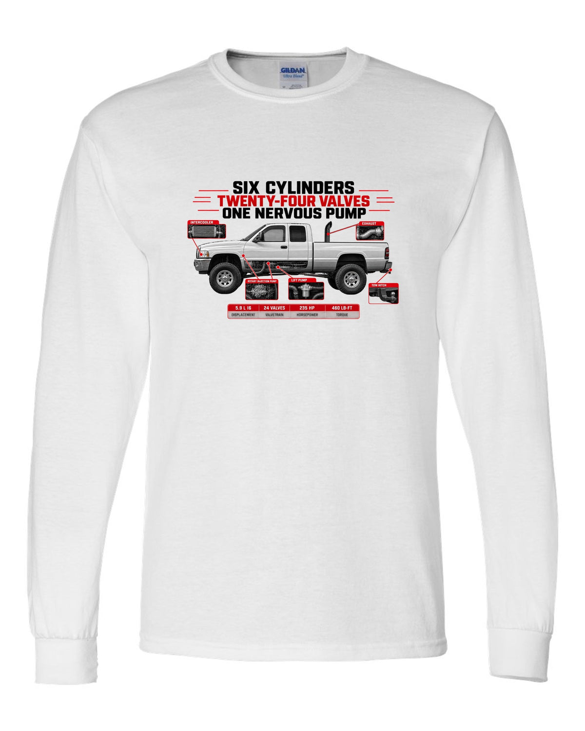 Spec poster of a 1998.5-2002 Ram 2500 5.9 24V with six cylinders, twenty-four valves, one nervous pump white long sleeve front view with the design