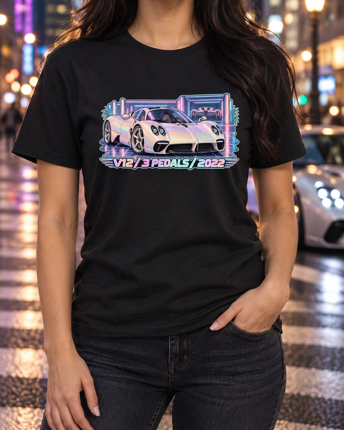 Pagani Utopia 2022 Three Pedals Pastel Vaporwave print Tee T-Shirt Black worn hero
