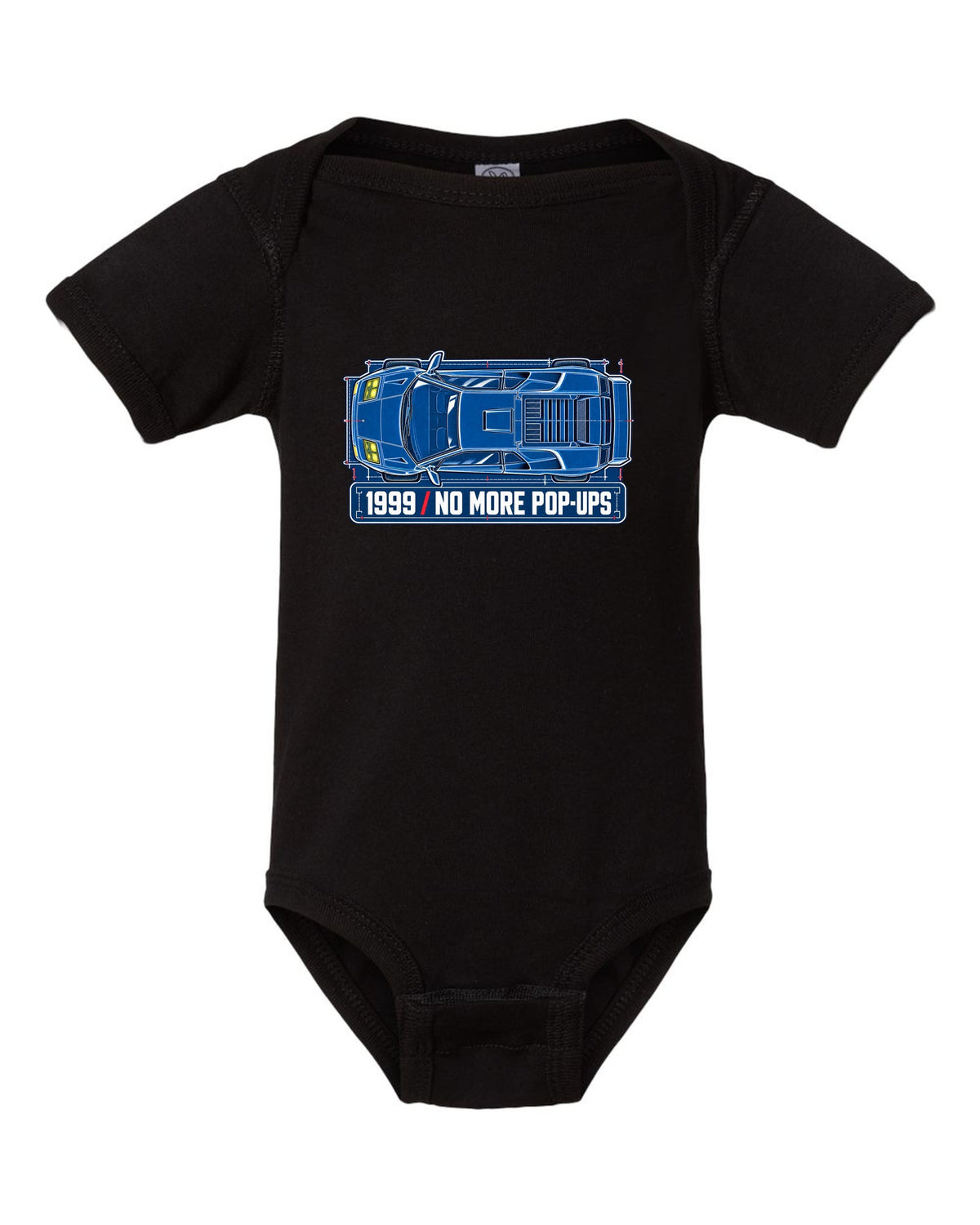 Cyanotype blueprint of a 1999 facelift Lamborghini Diablo with no more pop-ups lettering black baby onesie front view with the design