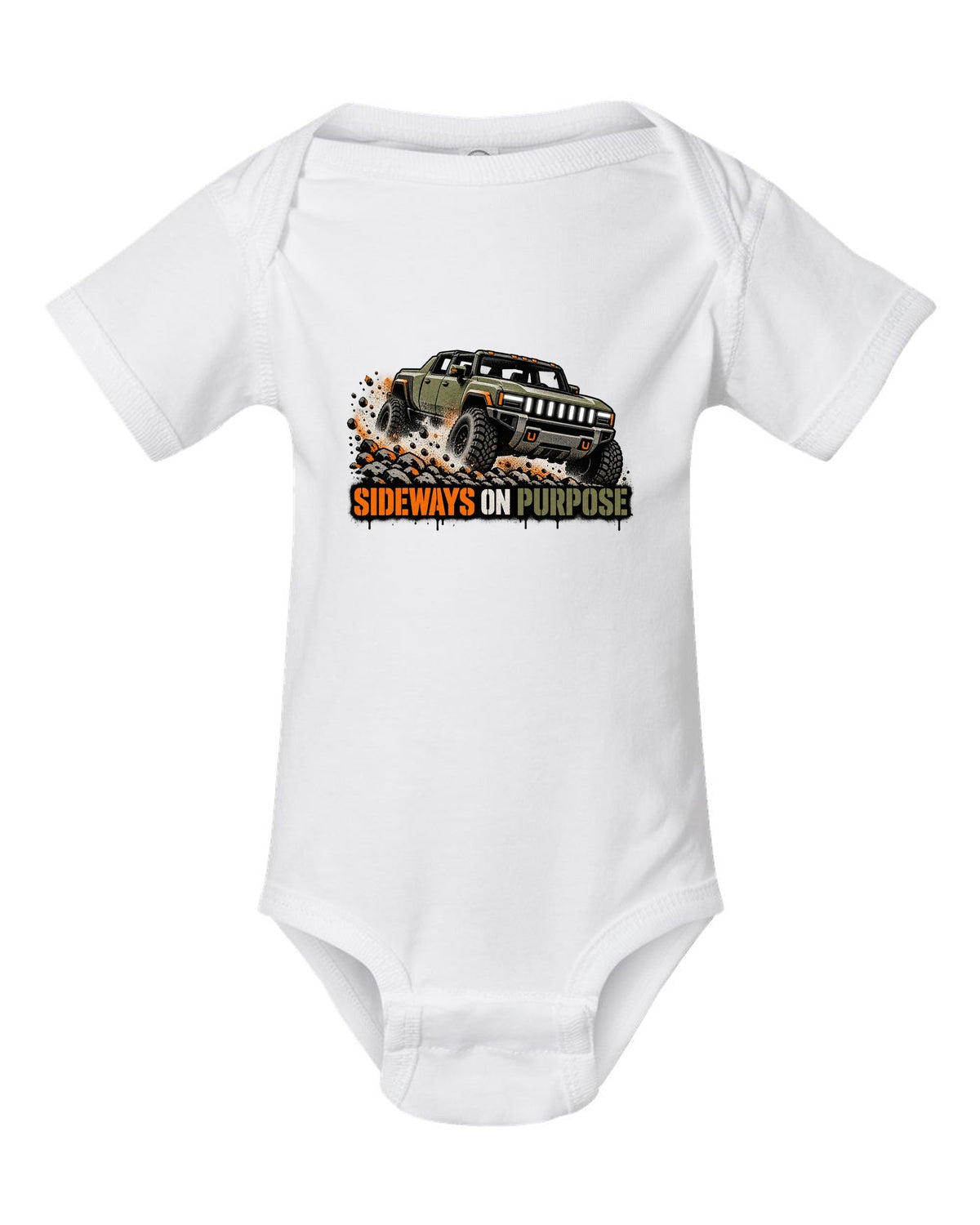 GMC Hummer EV spray stencil print with the words Sideways On Purpose white baby onesie front view with the design
