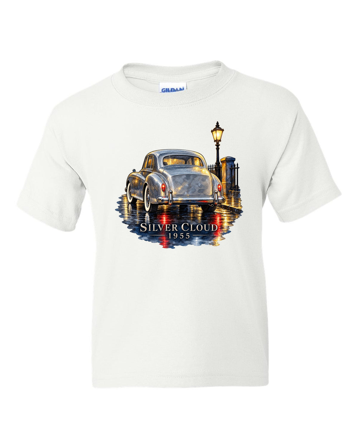 Watercolour painting of a 1955 Rolls-Royce Silver Cloud on a rainy night road with SILVER CLOUD lettering white kids tee front view with the design