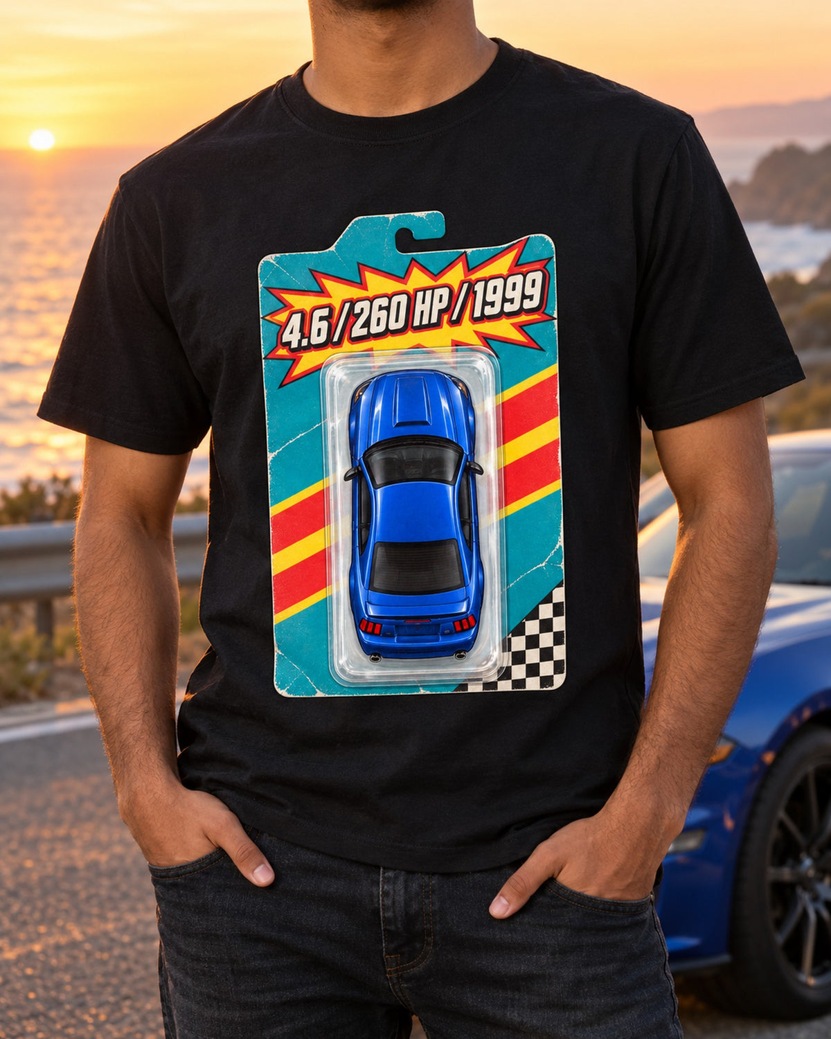 1999-2004 New Edge Mustang Coupe Toy Blister Card Shirt T-Shirt Black worn hero