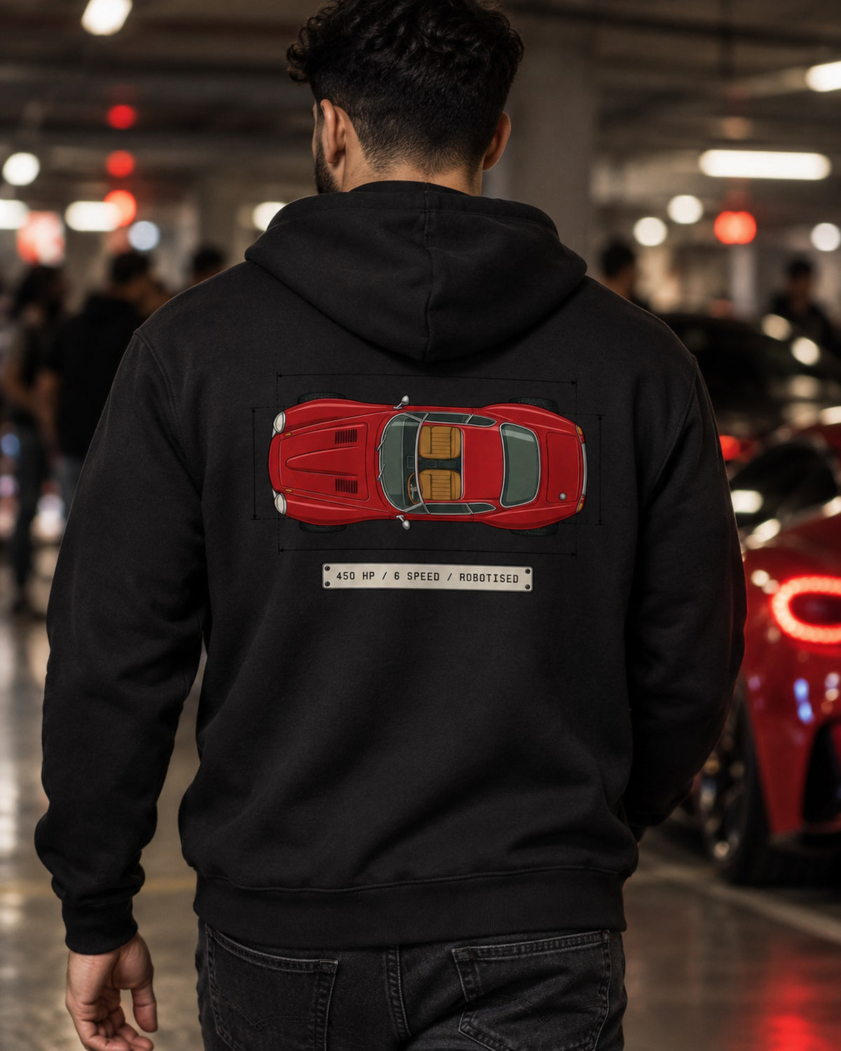 Alfa Romeo 8C Competizione Spec Sheet Tee, Robotised Gearbox Zip Hoodie Black worn hero