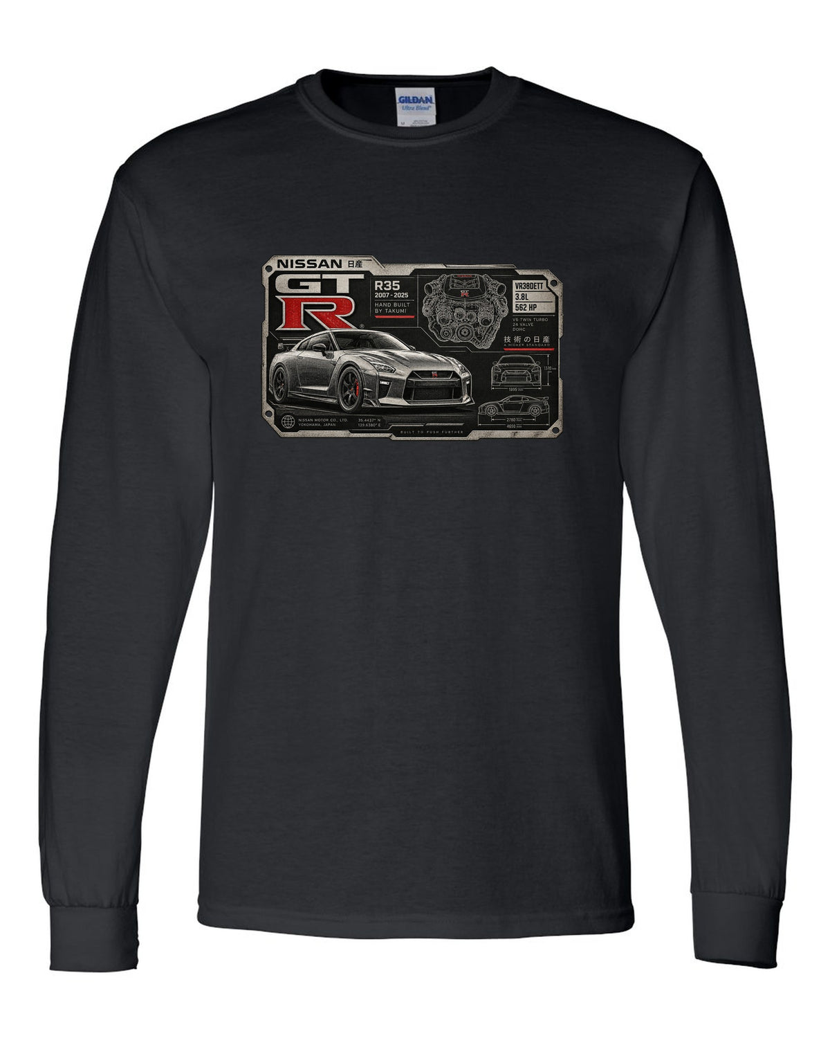 Spec sheet data plate print for the Nissan GT-R R35 showing VR38DETT 3.8L 562 HP black long sleeve front view with the design