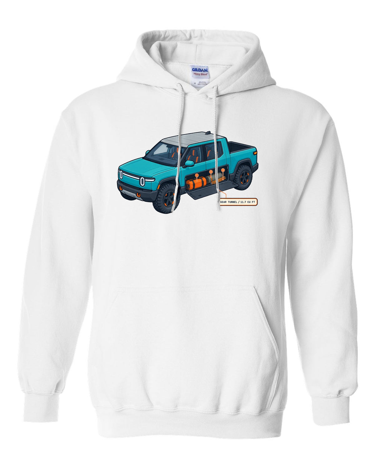 Isometric cutaway technical illustration print of a Rivian R1T reading Gear Tunnel 11.7 Cu Ft white pull over hoodie front view with the design