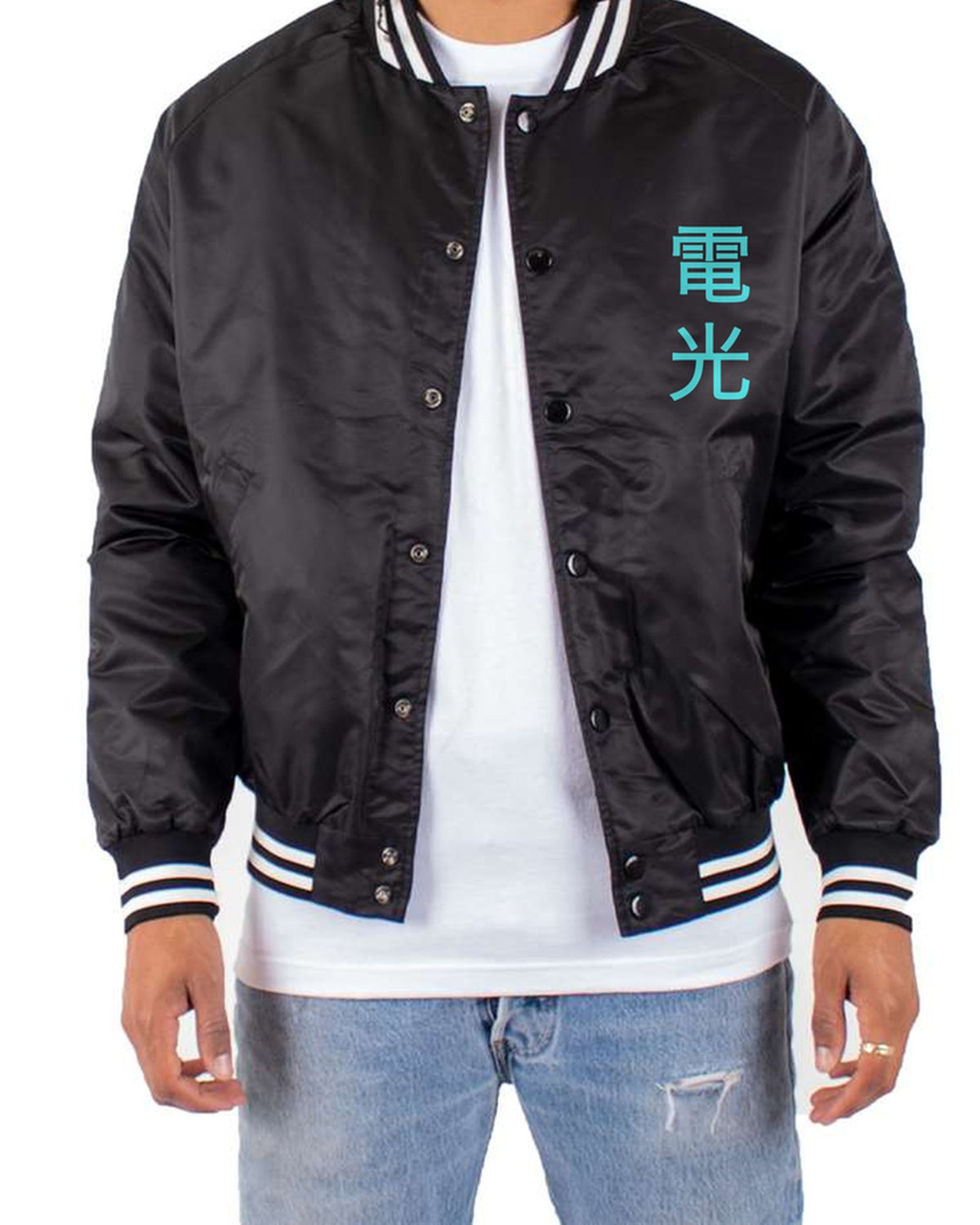 black bomber jacket front view with small kanji mark