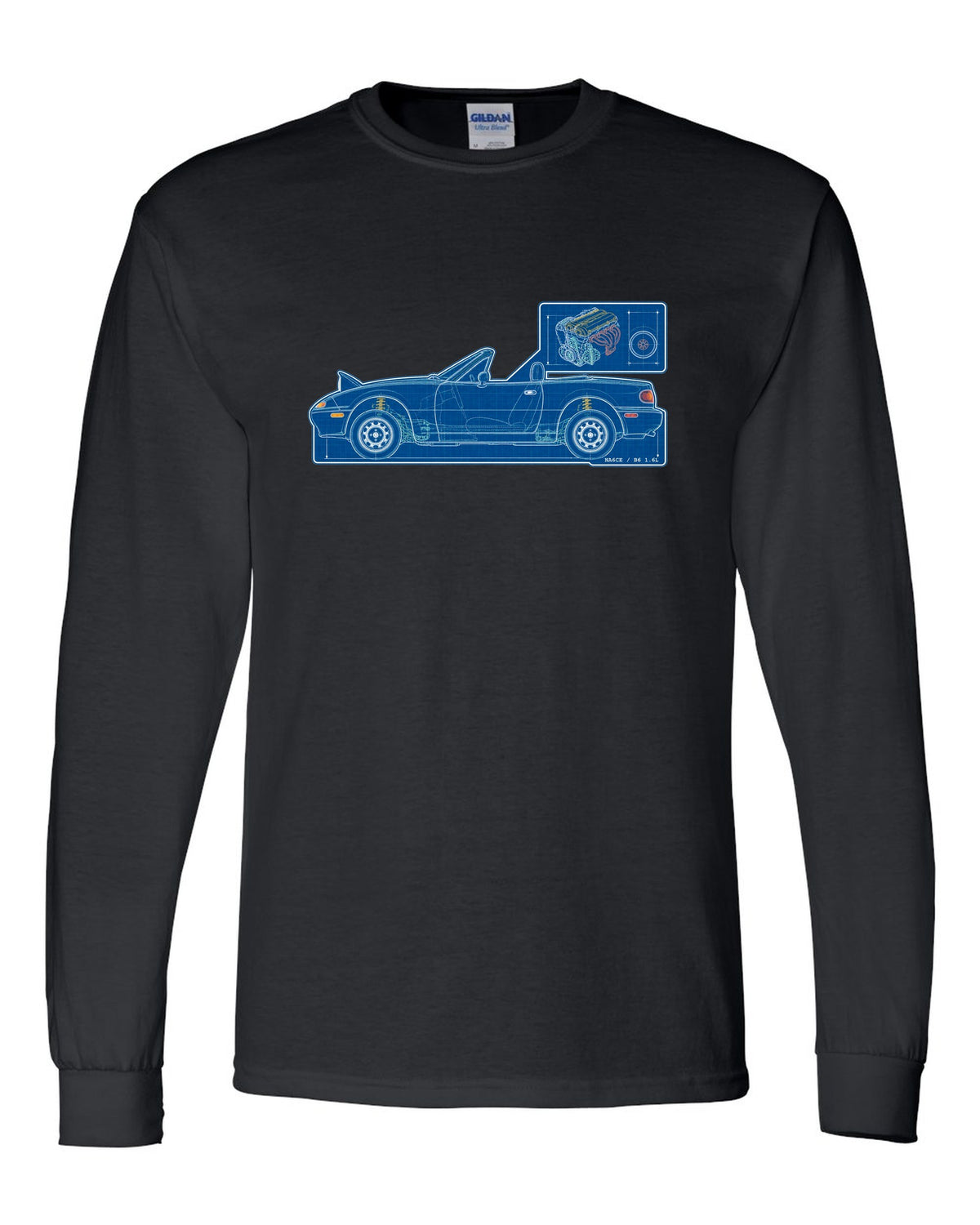 Sticker-bomb collage of a Mazda MX-5 NC rear with MZR 2.0 167 HP text black long sleeve front view with the design