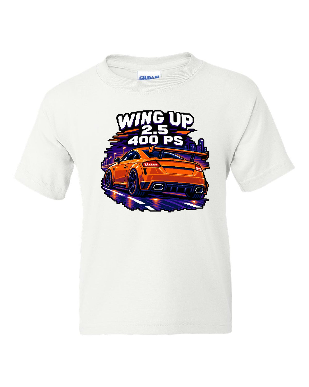 16-bit pixel art print of an Audi TT RS FV with rear wing up and 400 PS text white kids tee front view with the design