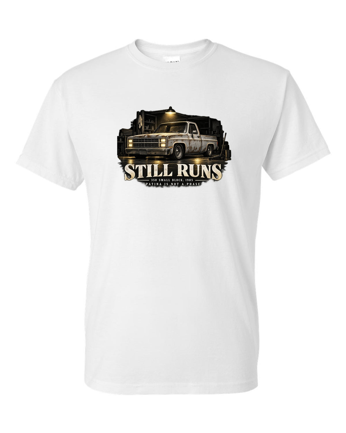 Night garage print of a 1973-87 Chevrolet C10 Squarebody with 350 small block text white t-shirt front view with the design