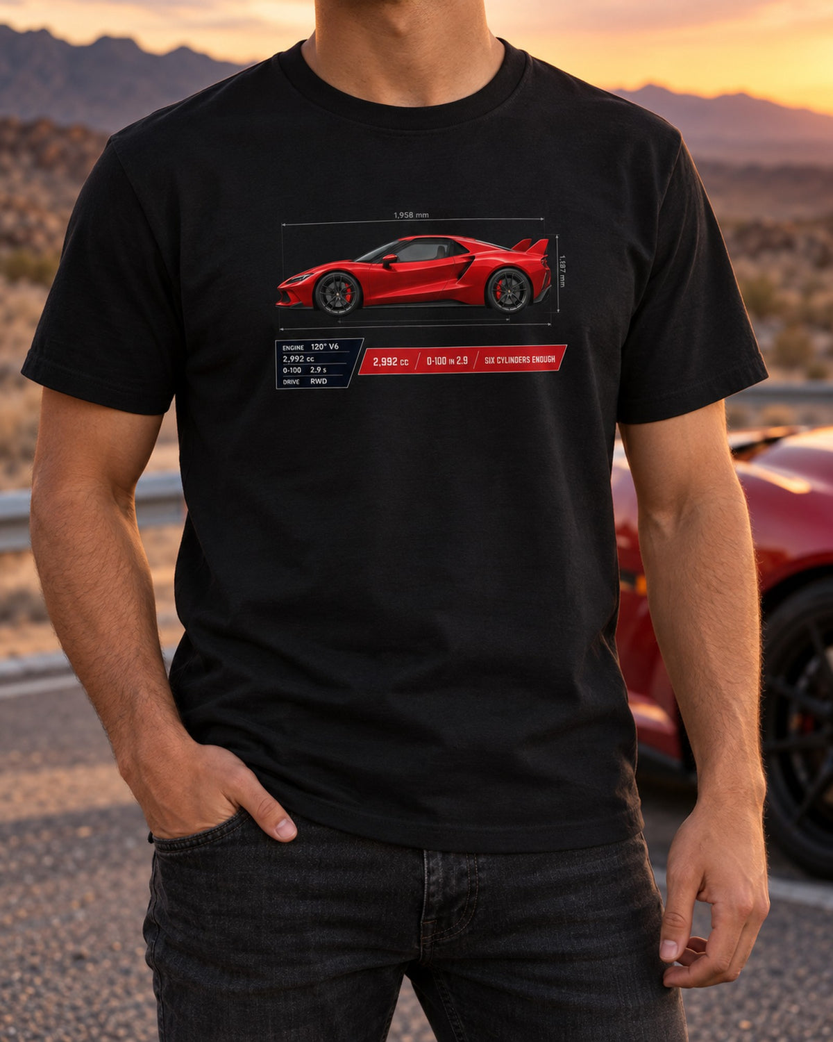 Ferrari 296 GTB Spec Poster Shirt, 2,992 cc Six Cylinders T-Shirt Black worn hero