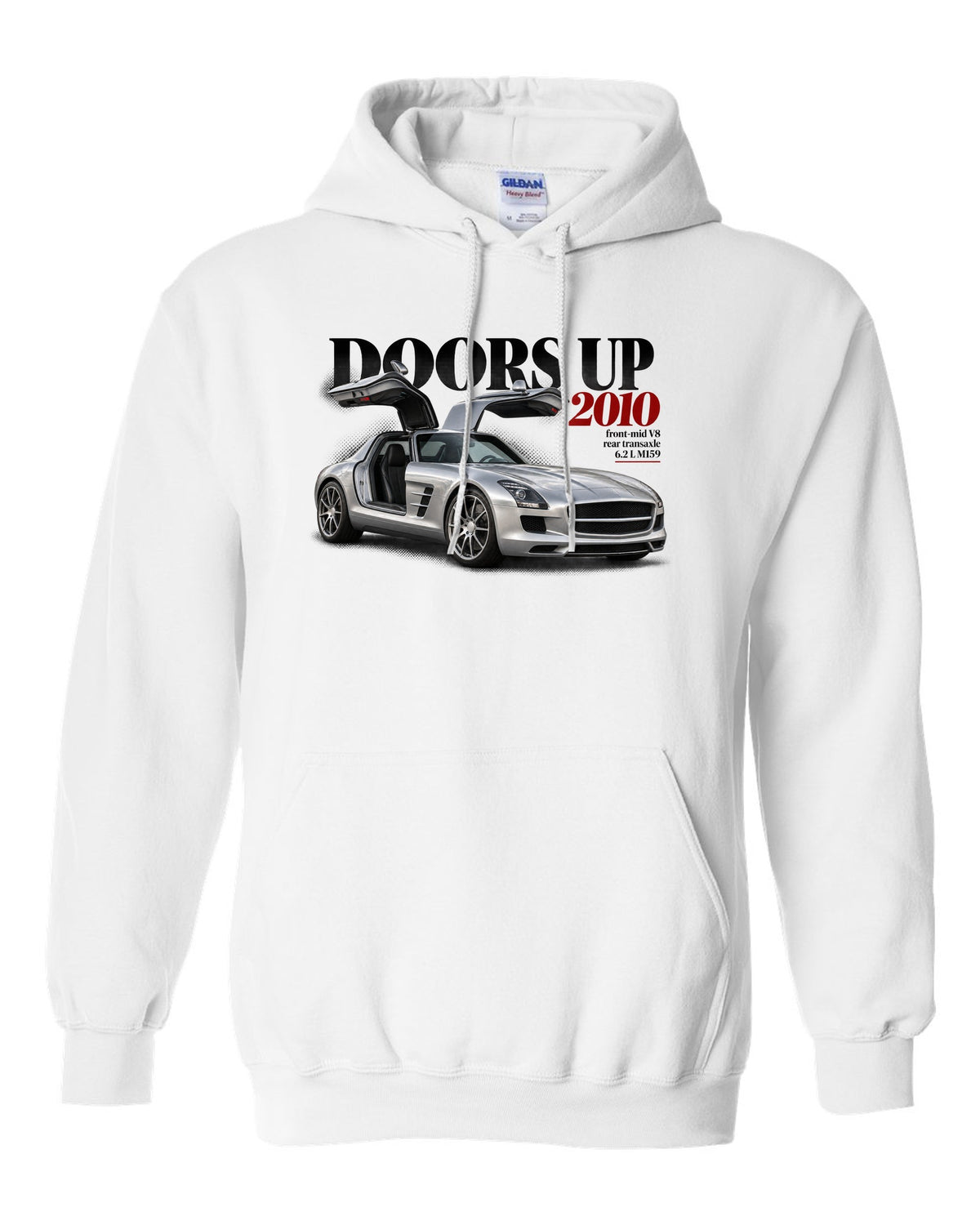 Editorial print of a Mercedes SLS AMG C197 with gullwing doors raised and Doors Up 2010 lettering white pull over hoodie front view with the design